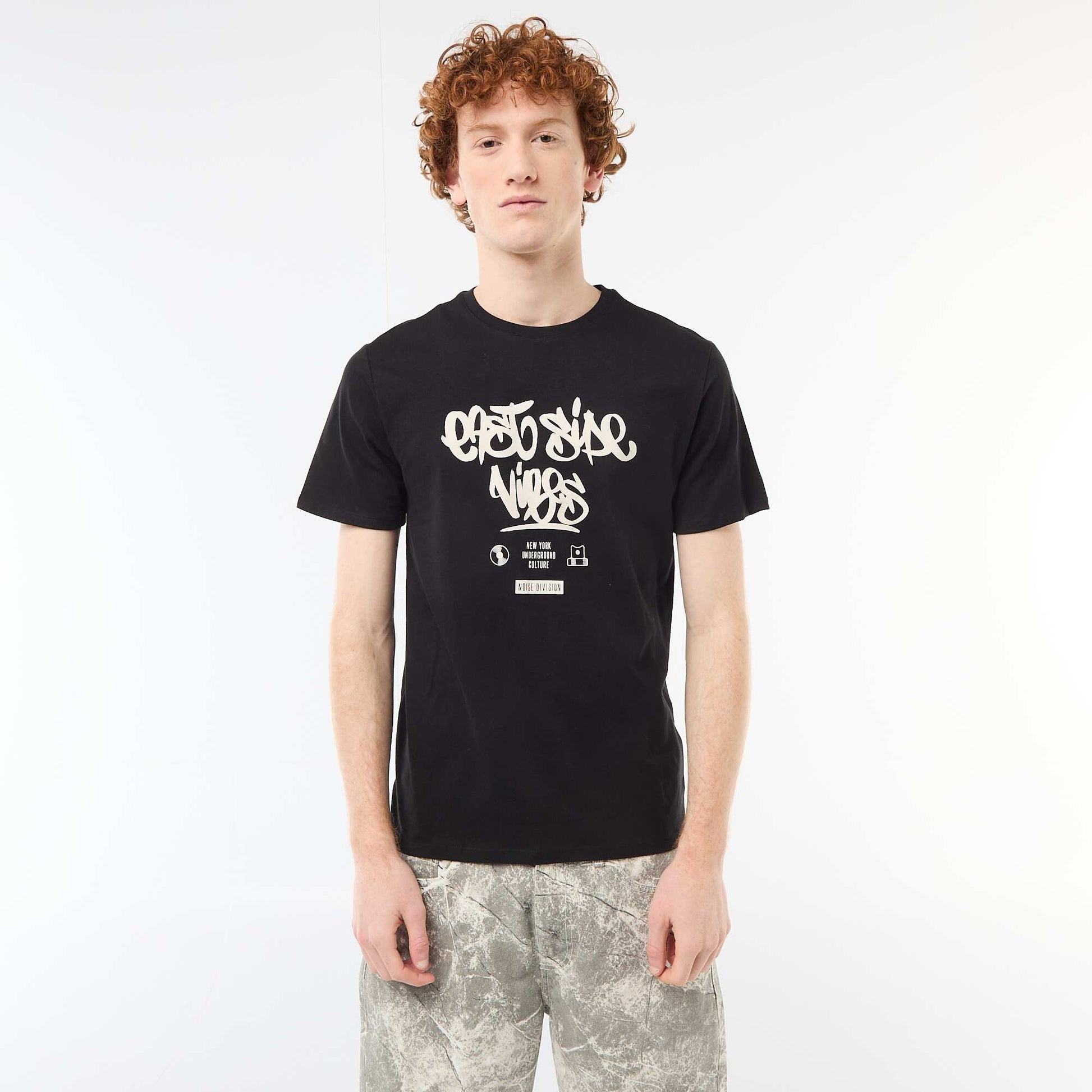 T-shirt imprimé placé en coton uni NOIR