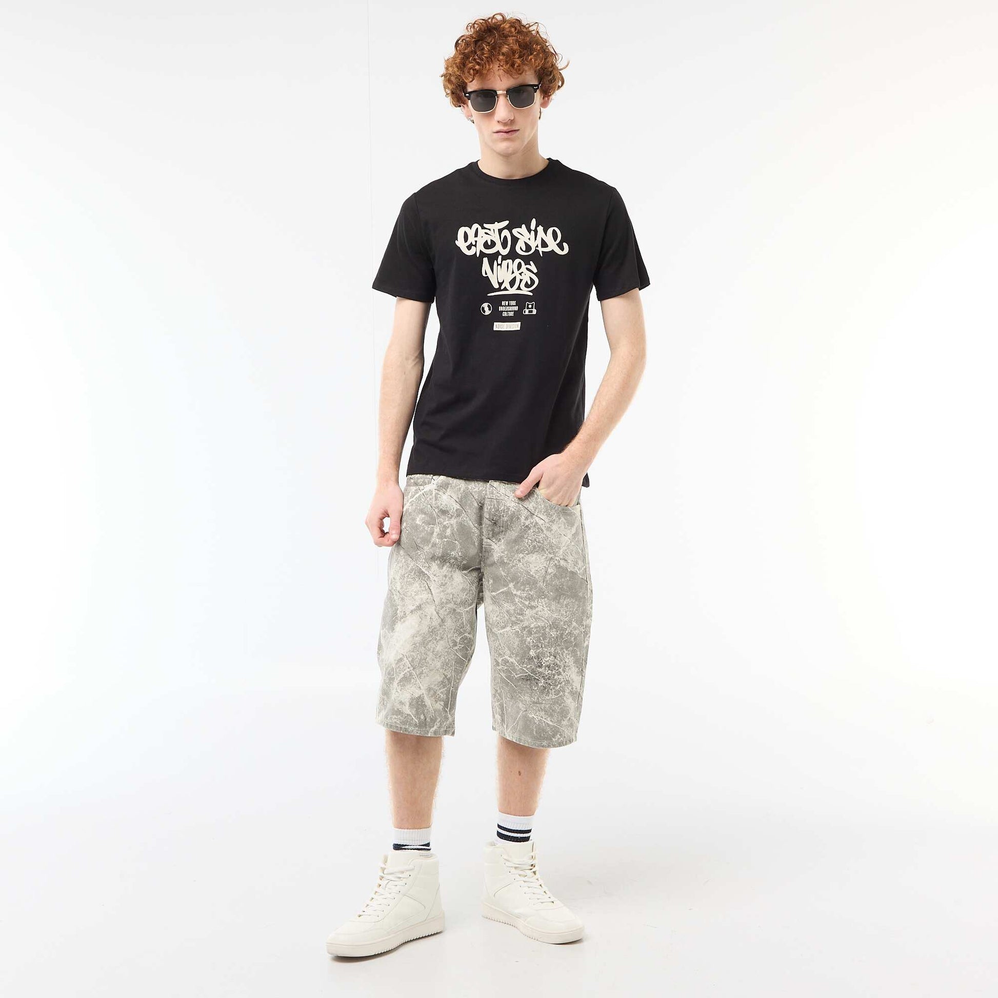 T-shirt imprimé placé en coton uni NOIR