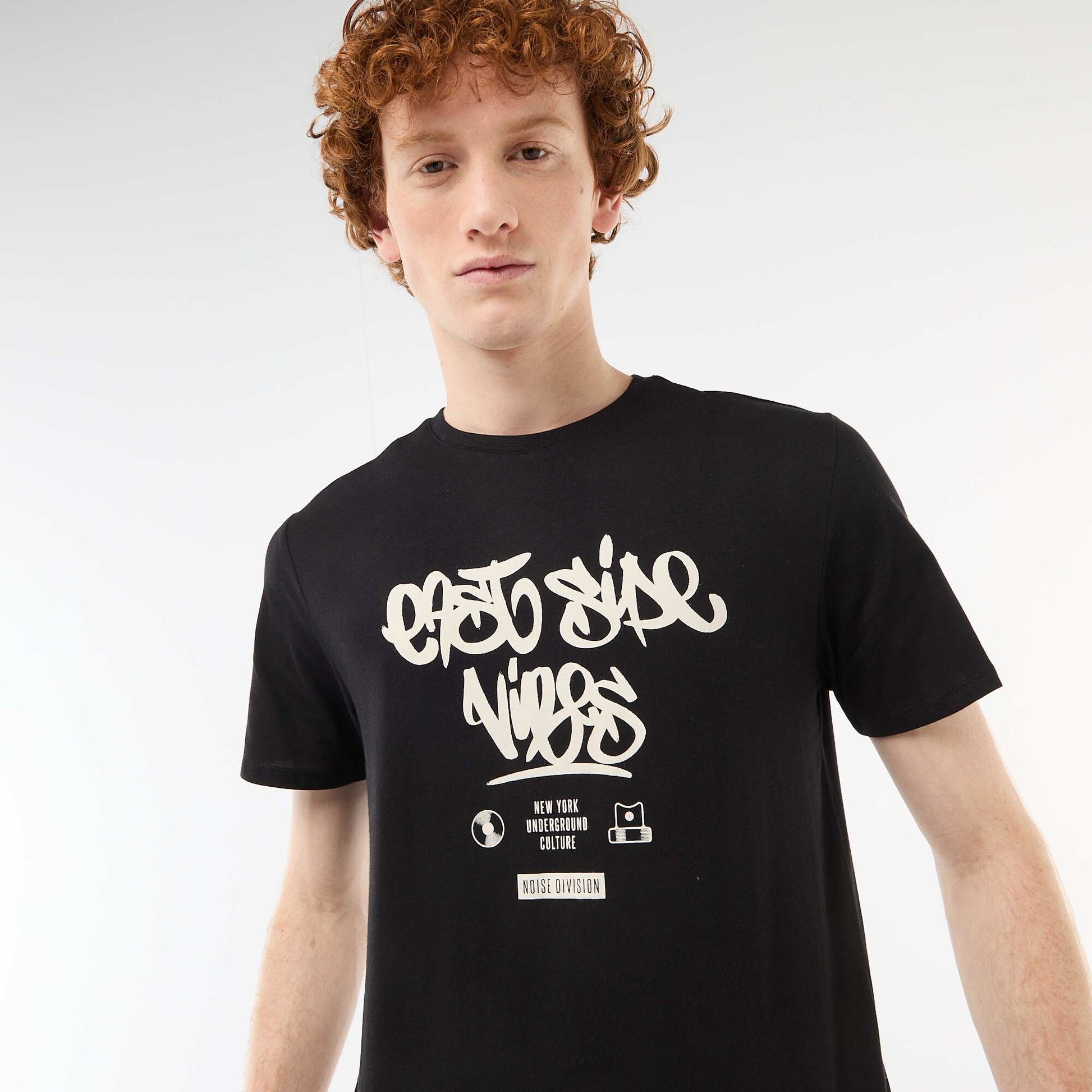 T-shirt imprimé placé en coton uni NOIR