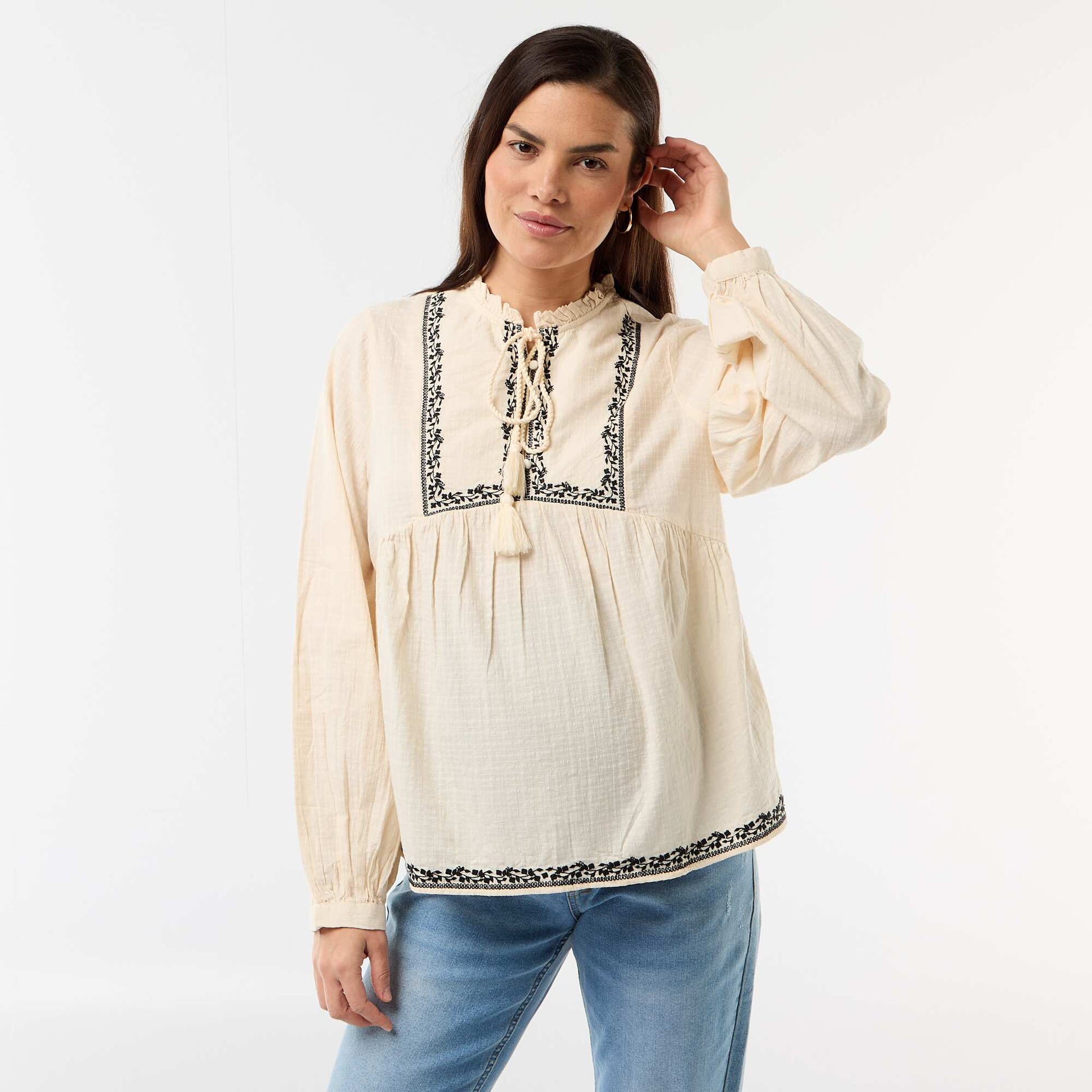 Blouse de maternité brodée en gaze de coton BLANC