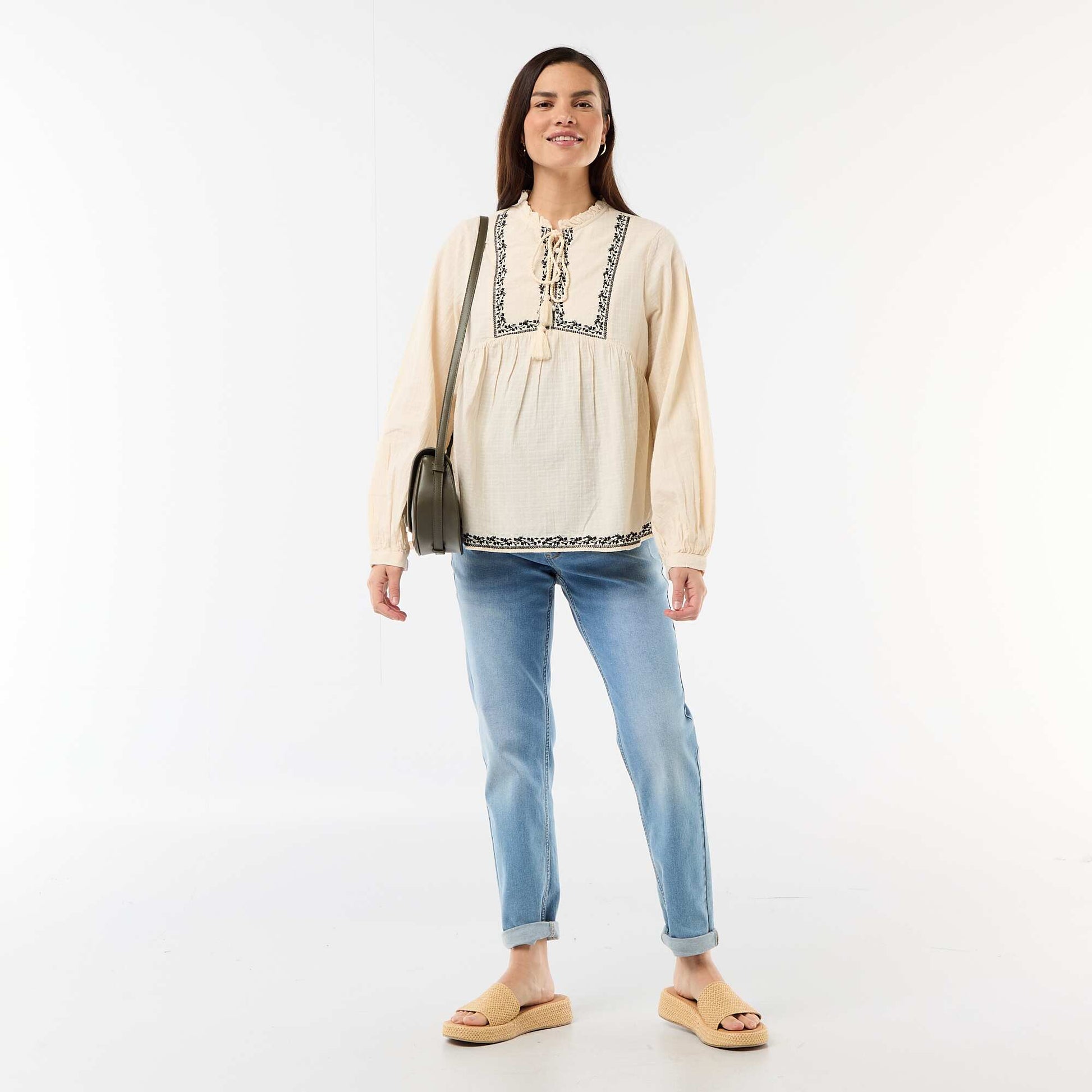 Blouse de maternité brodée en gaze de coton BLANC
