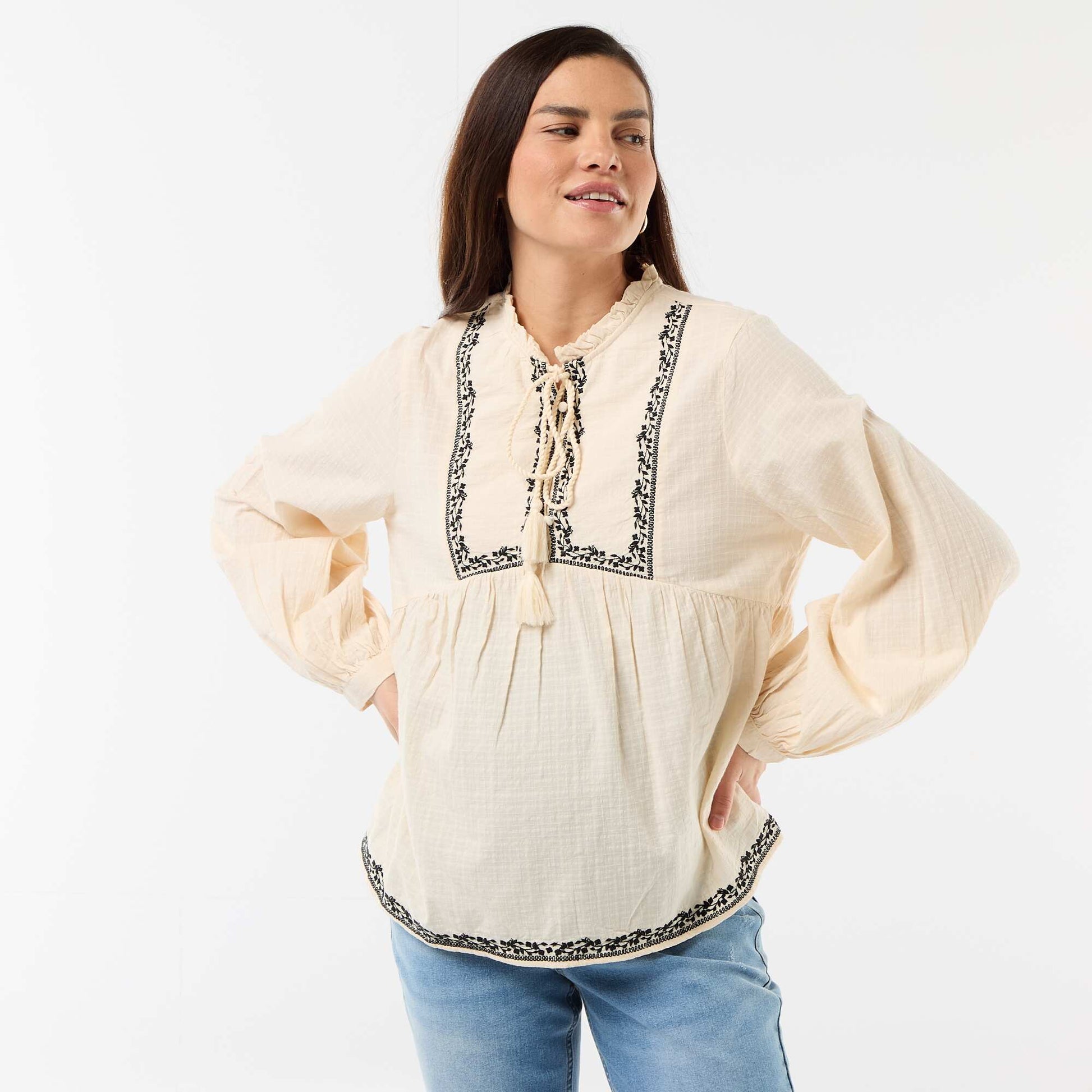 Blouse de maternité brodée en gaze de coton BLANC