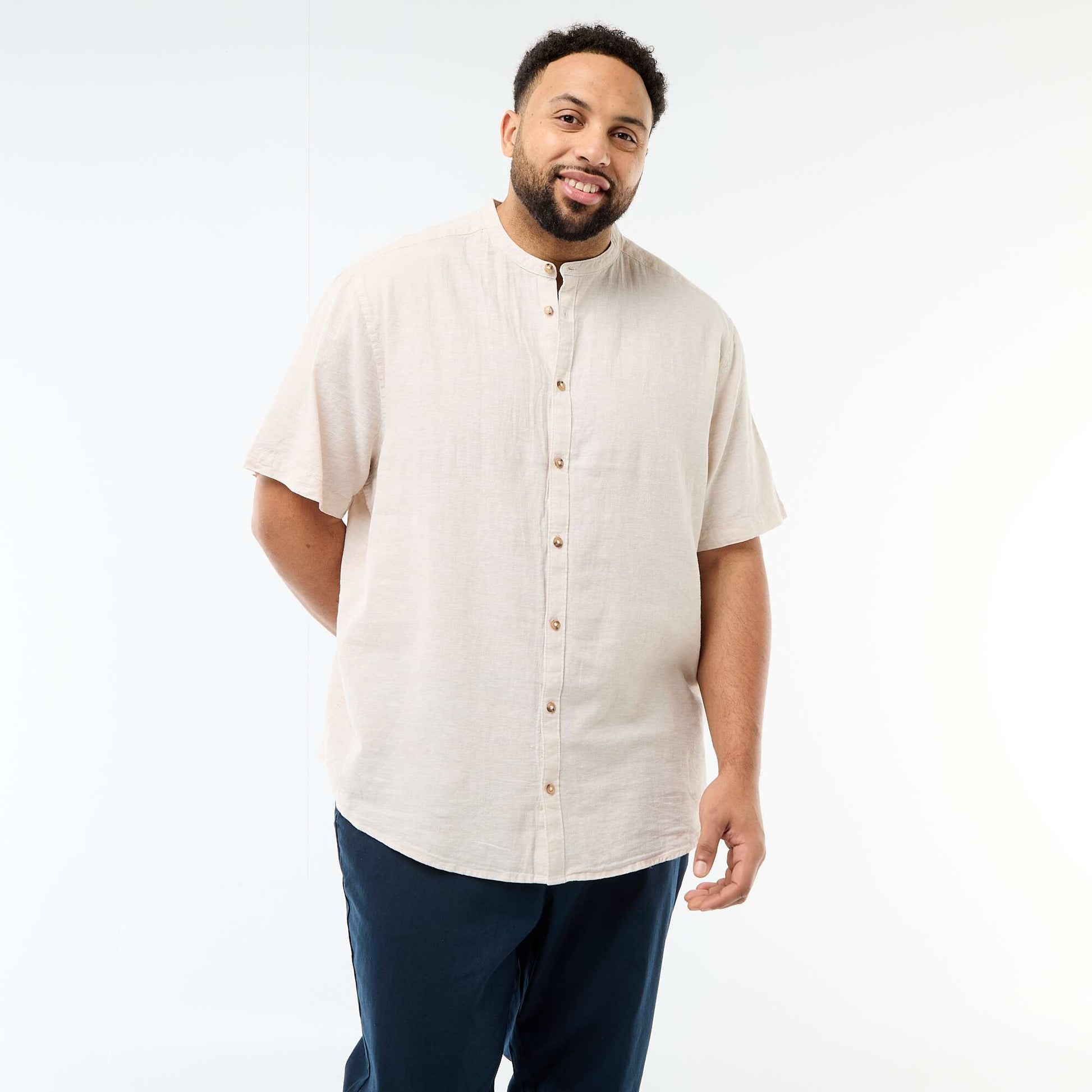 Chemise en lin mélangé à manches courtes BEIGE