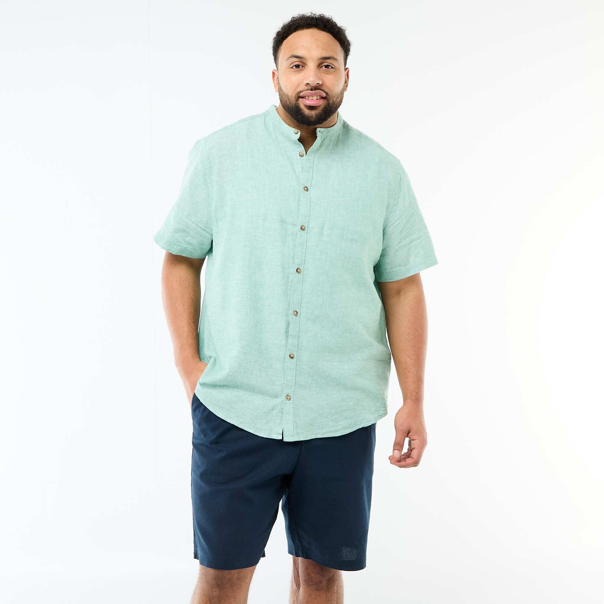 Chemise en lin mélangé à manches courtes VERT