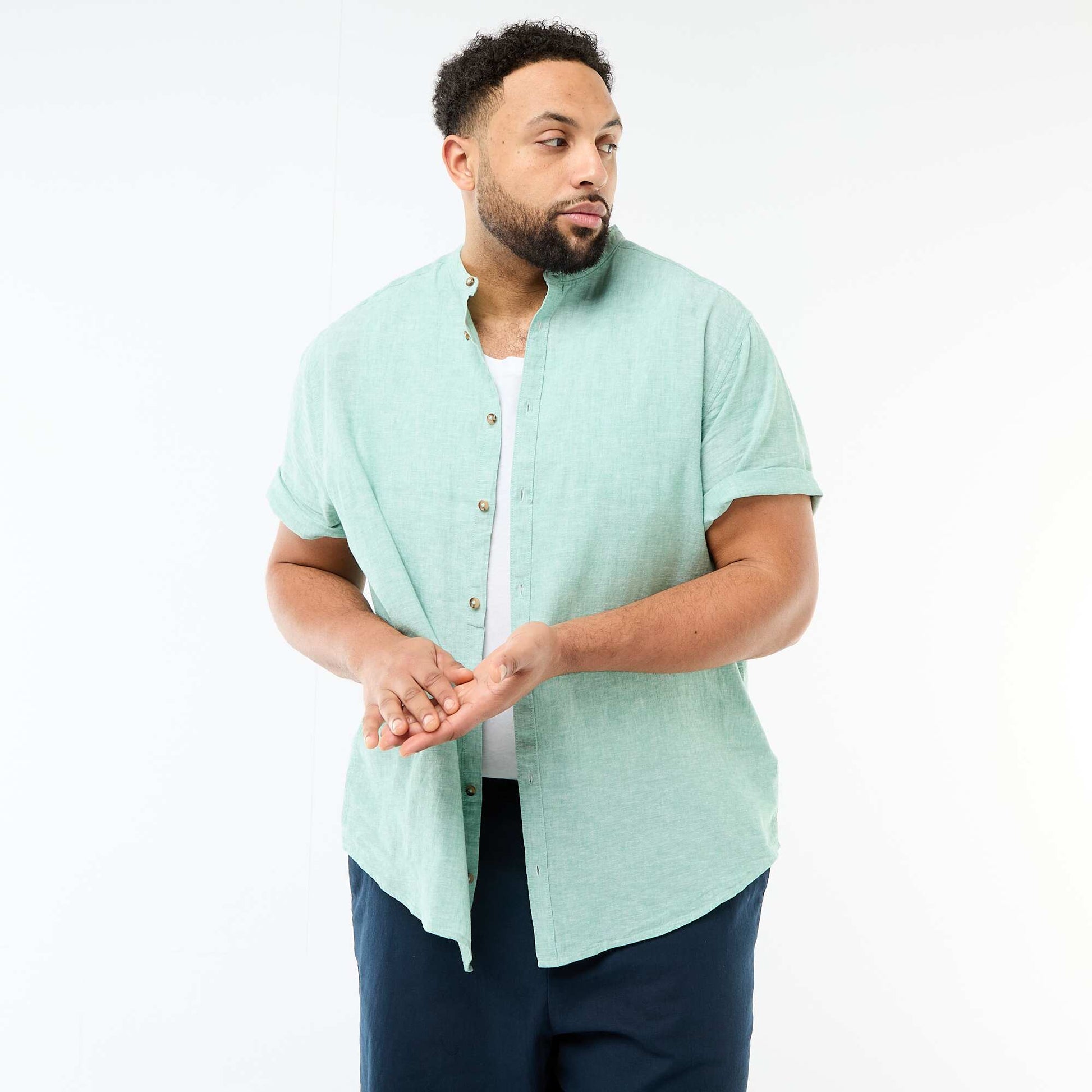 Chemise en lin mélangé à manches courtes VERT