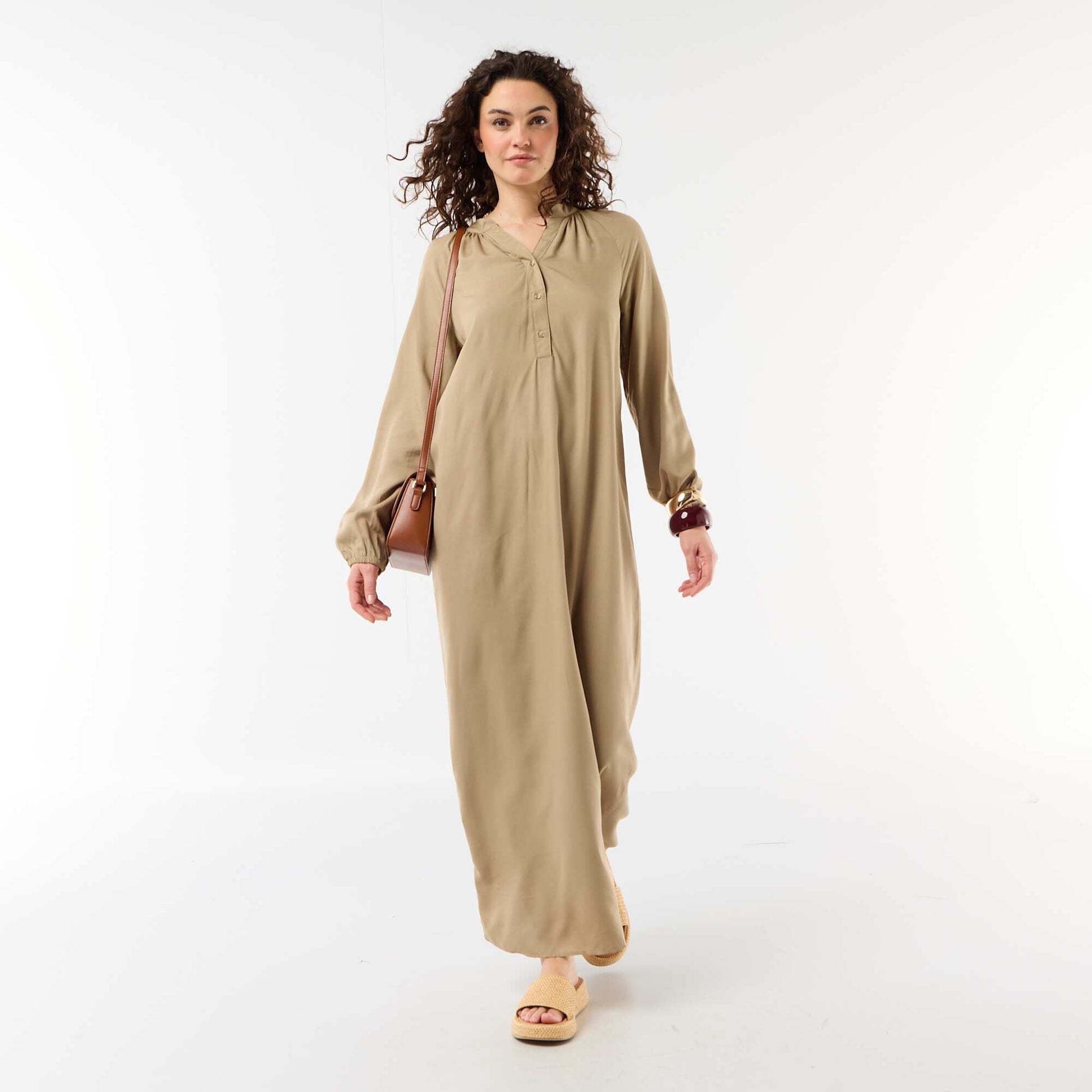 Robe longue à manches longues et col tunisien KAKI