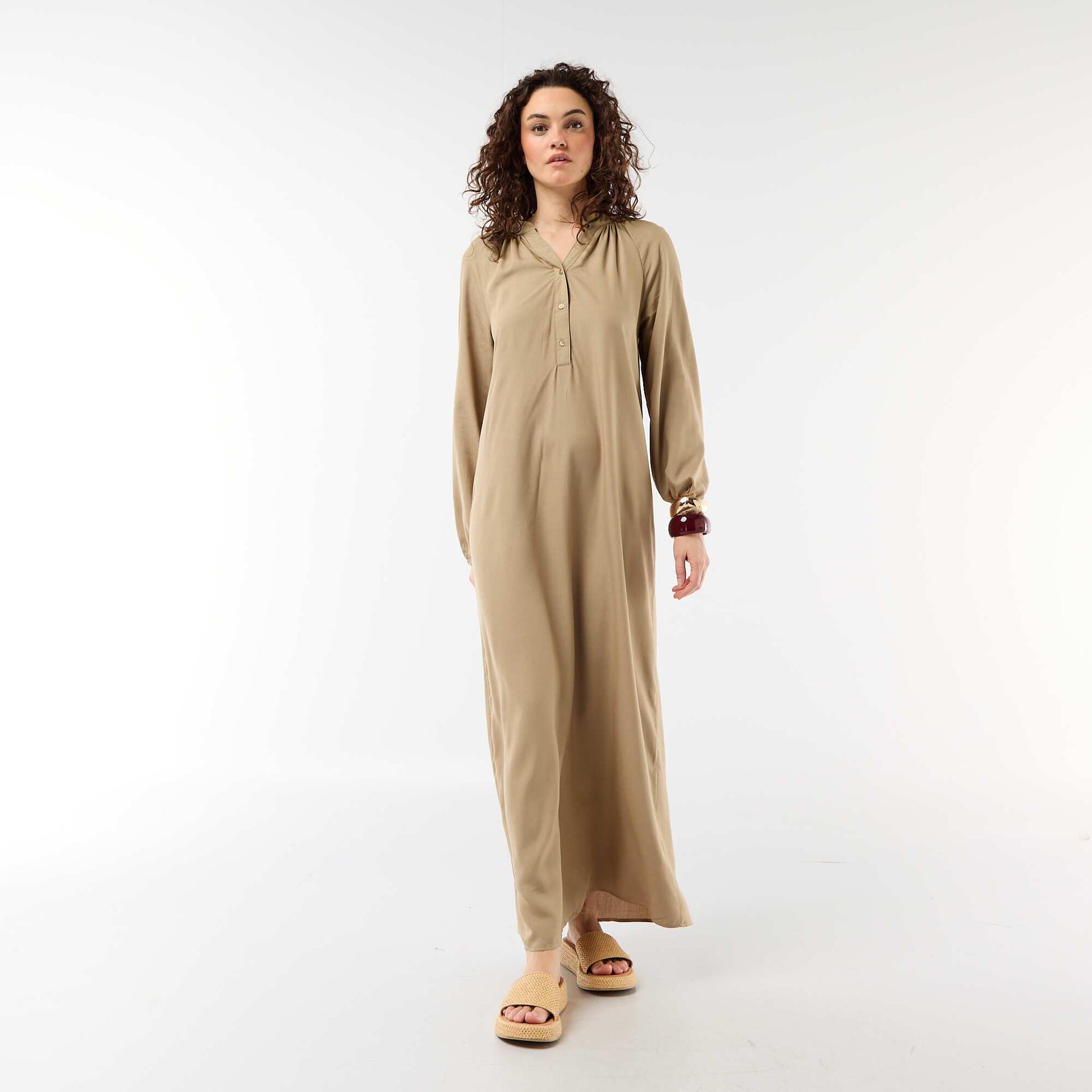 Robe longue à manches longues et col tunisien KAKI