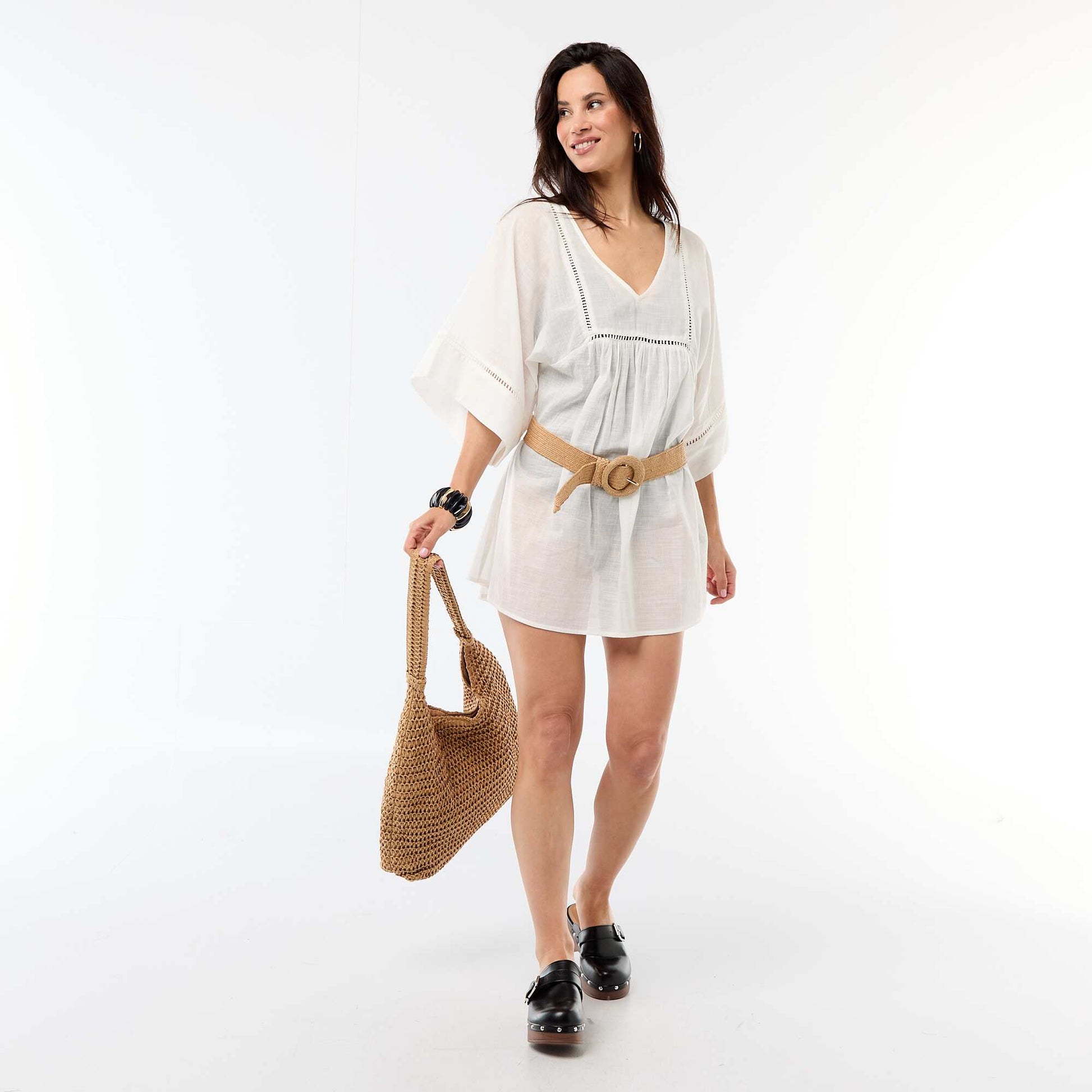 Robe de plage mi-longue unie BLANC