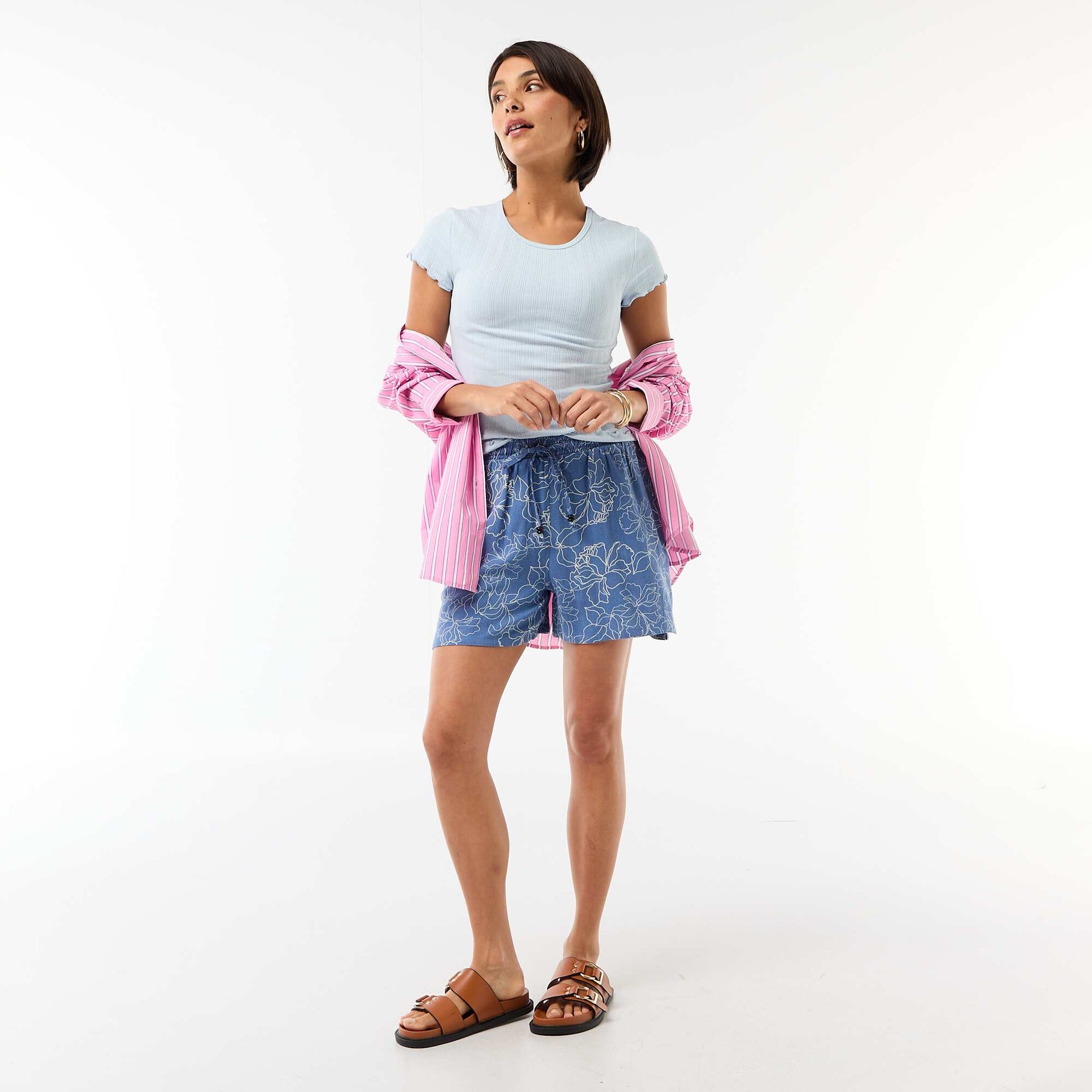 Tee-shirt imprimé en maille pointelle BLEU