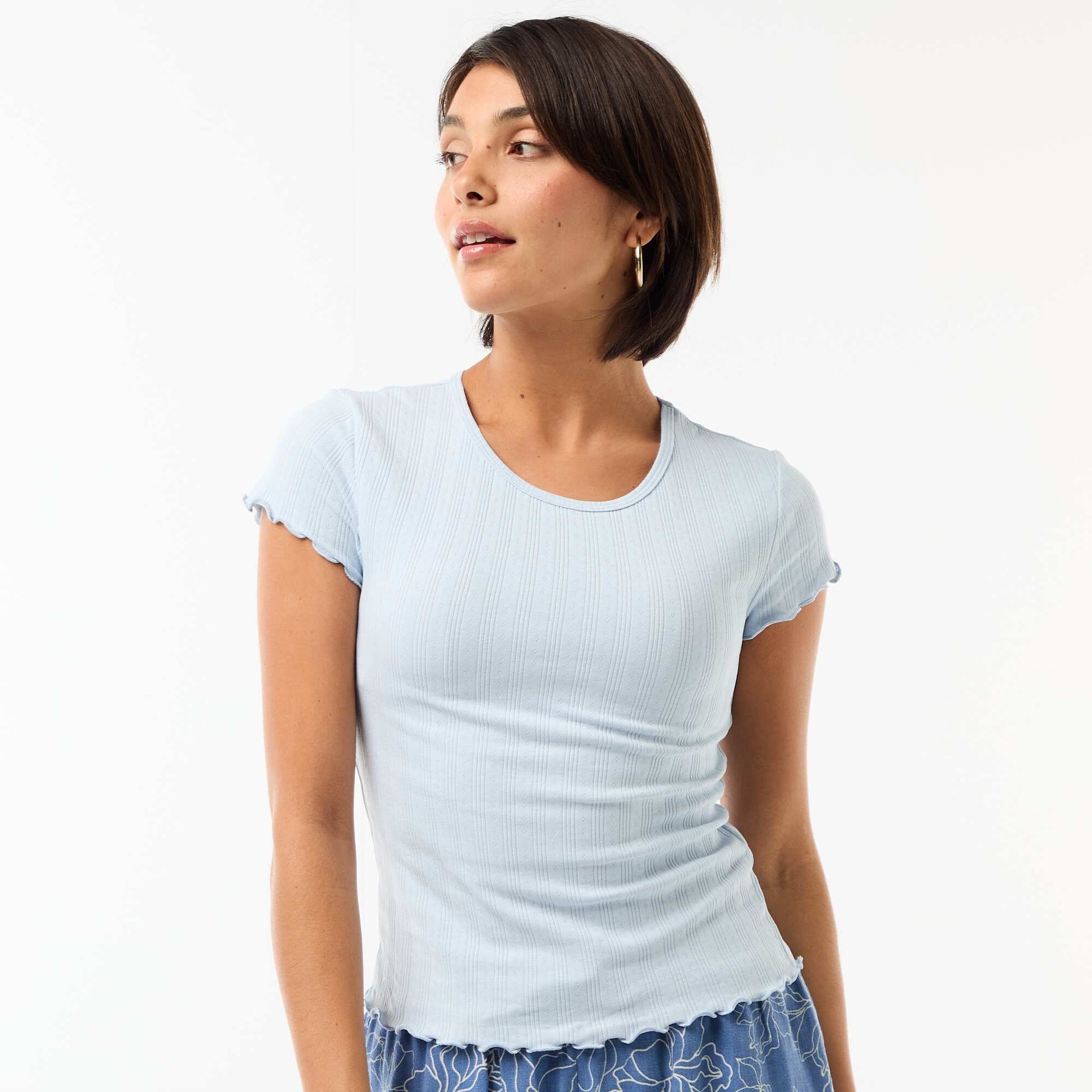 Tee-shirt imprimé en maille pointelle BLEU
