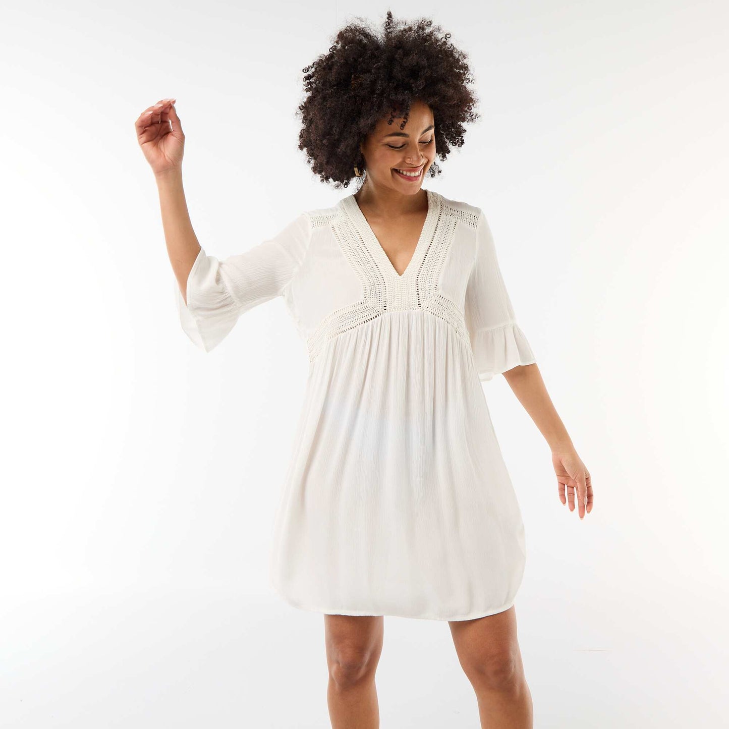 Robe de plage en maille crêpe et macramé BLANC