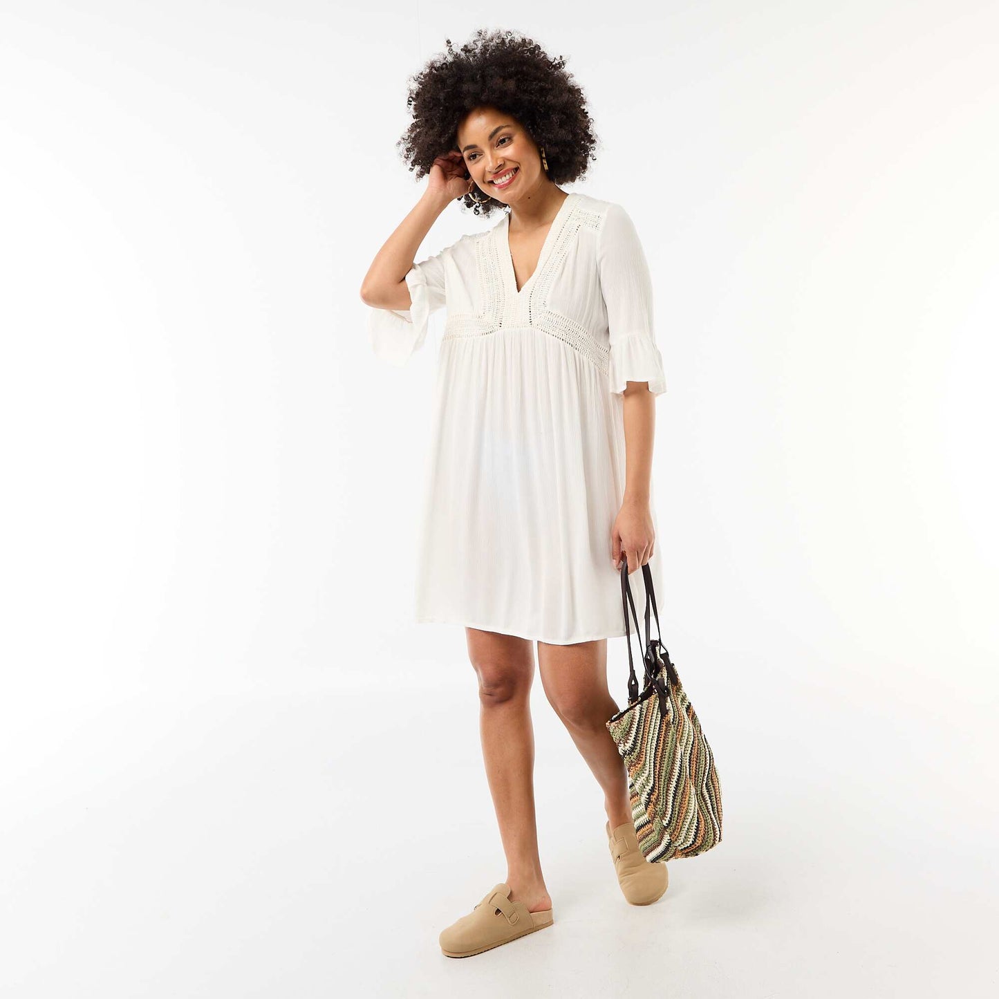 Robe de plage en maille crêpe et macramé BLANC