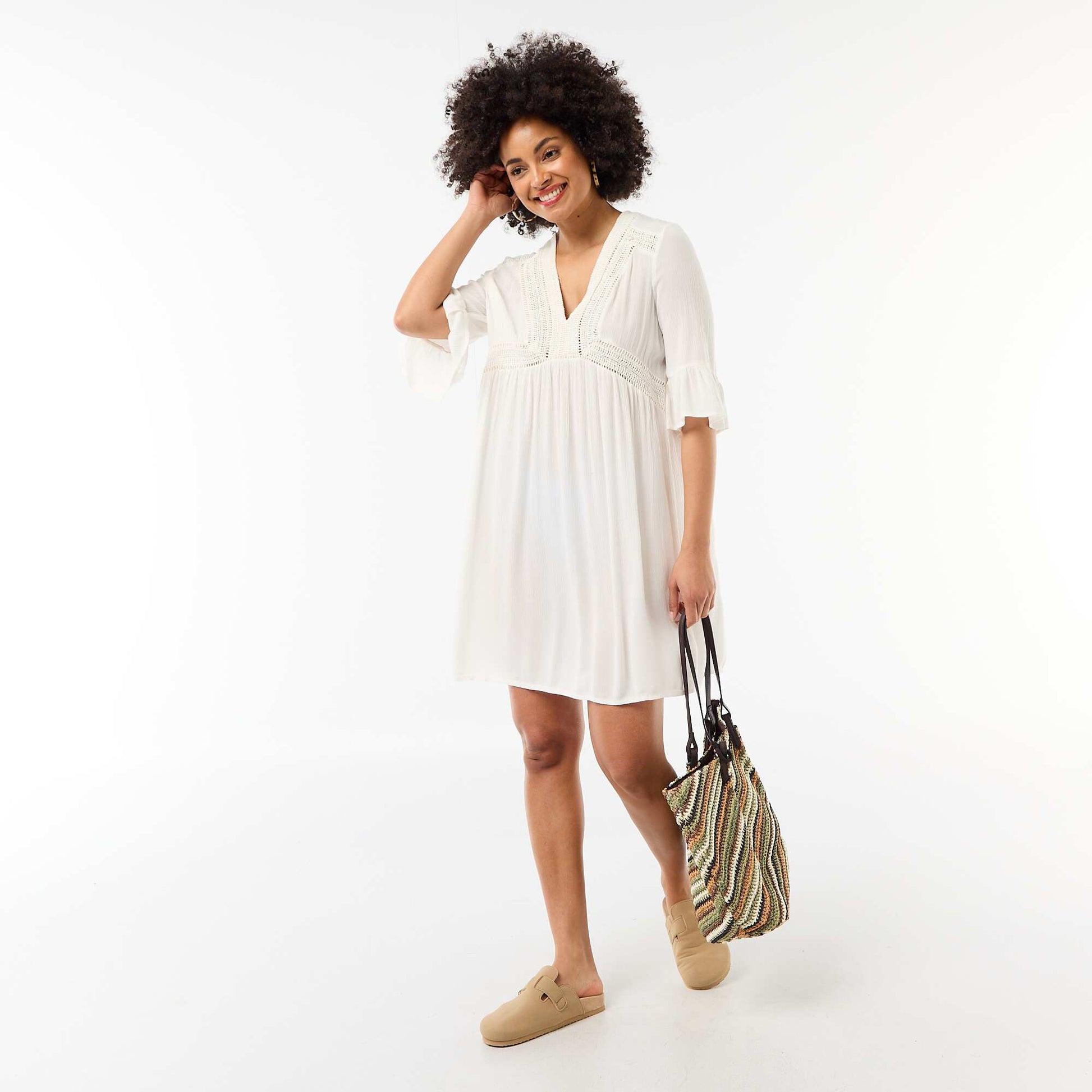 Robe de plage en maille crêpe et macramé BLANC