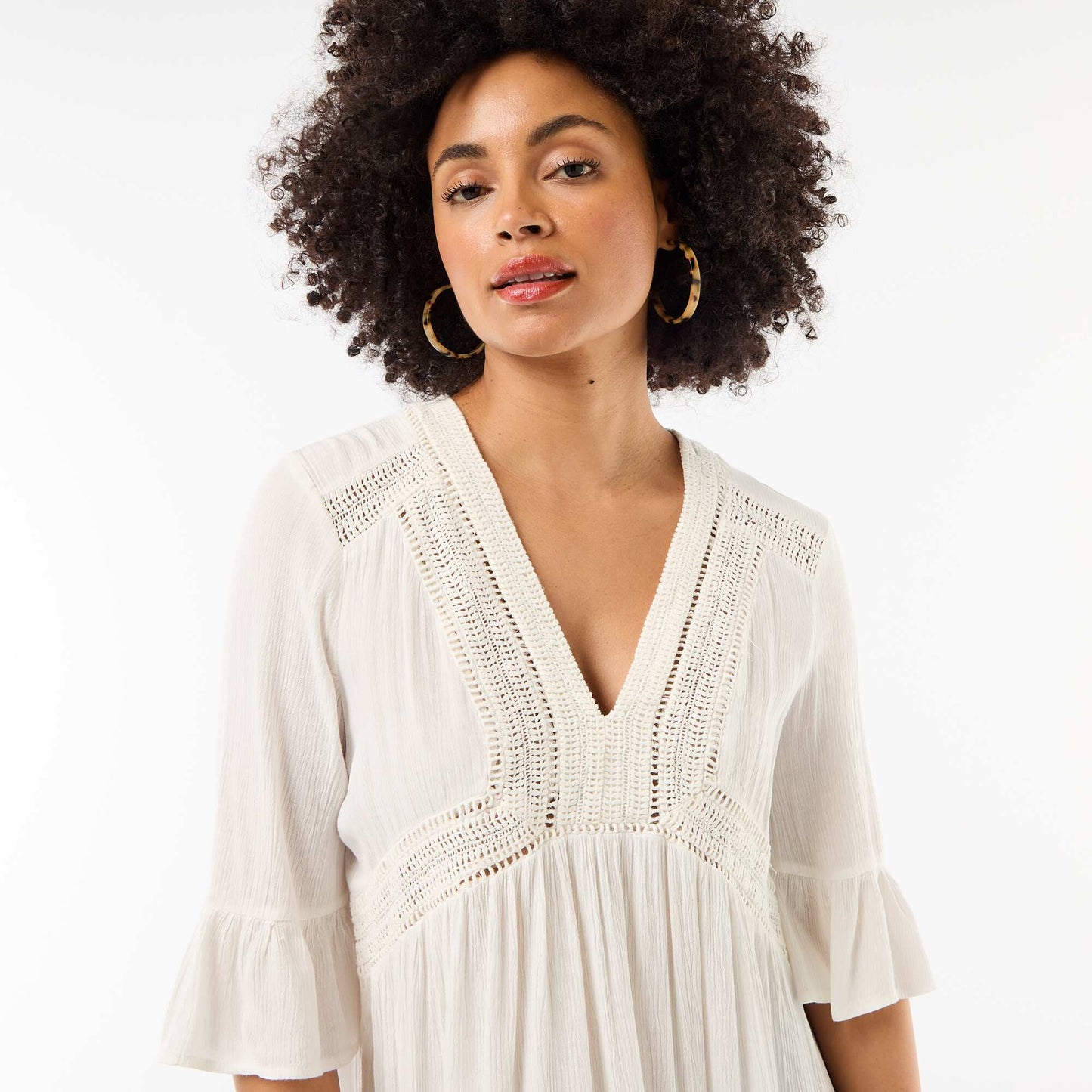 Robe de plage en maille crêpe et macramé BLANC