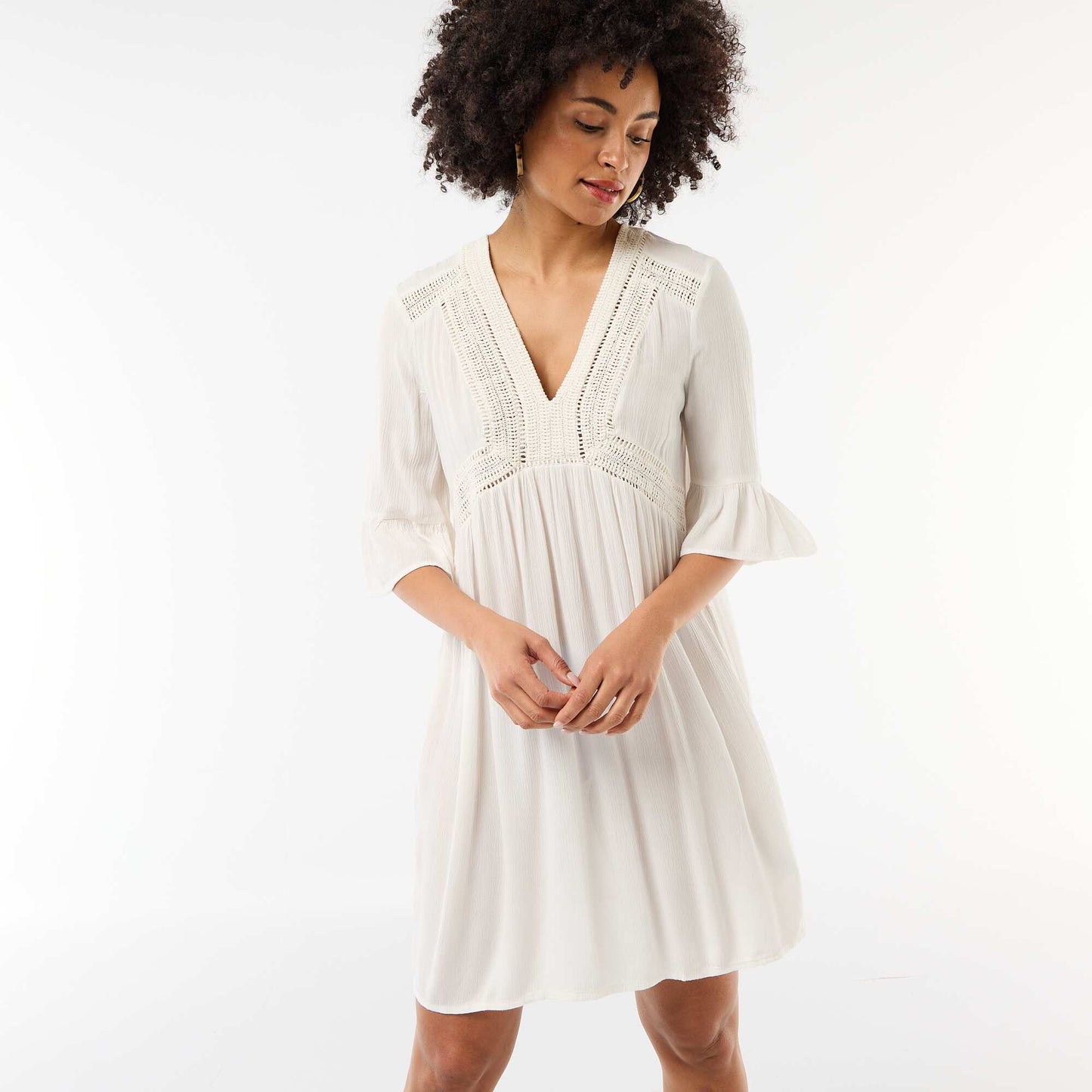 Robe de plage en maille crêpe et macramé BLANC
