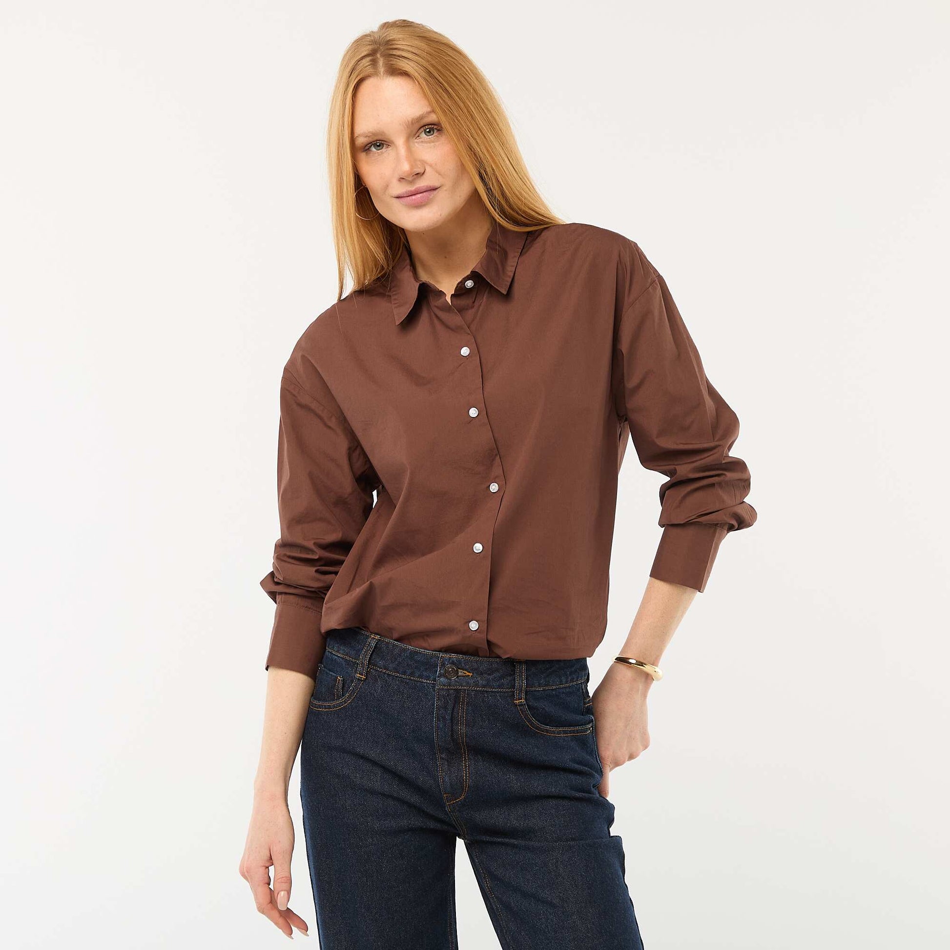 Chemise en popeline à manches longues MARRON