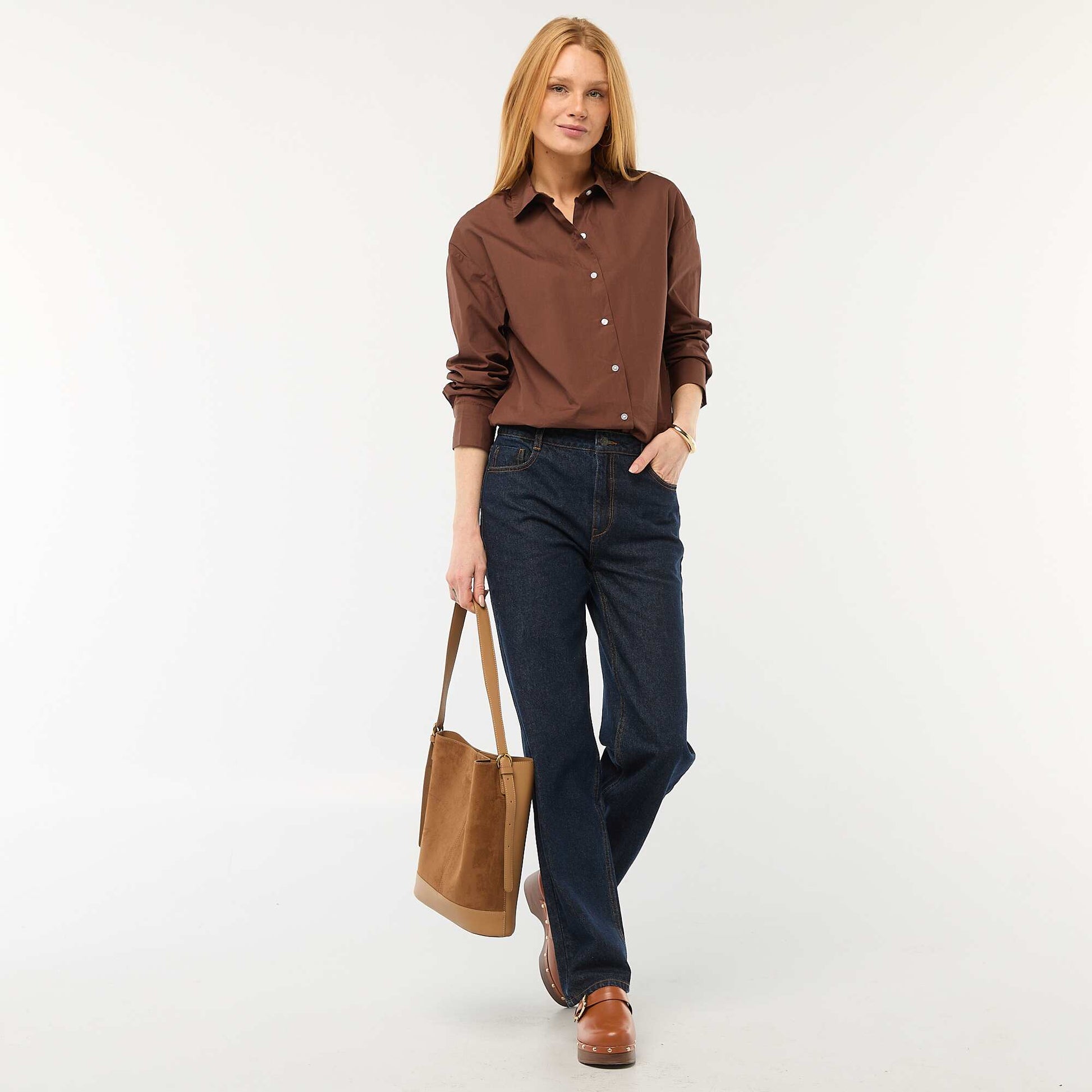 Chemise en popeline à manches longues MARRON