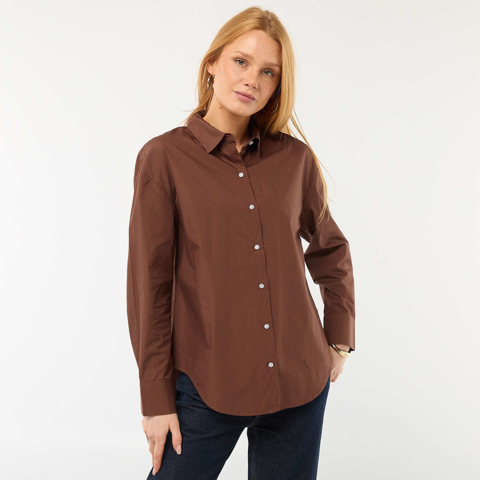 Chemise en popeline à manches longues MARRON