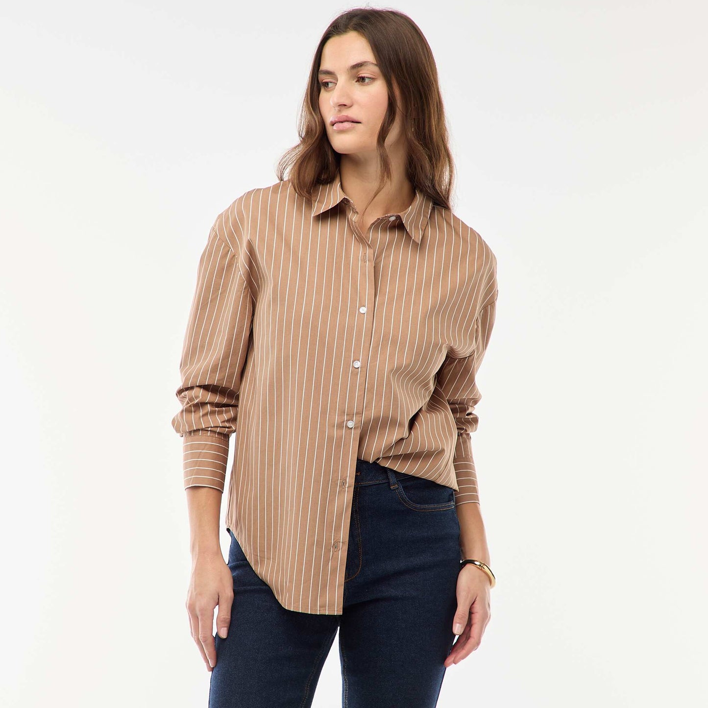Chemise en popeline à manches longues MARRON