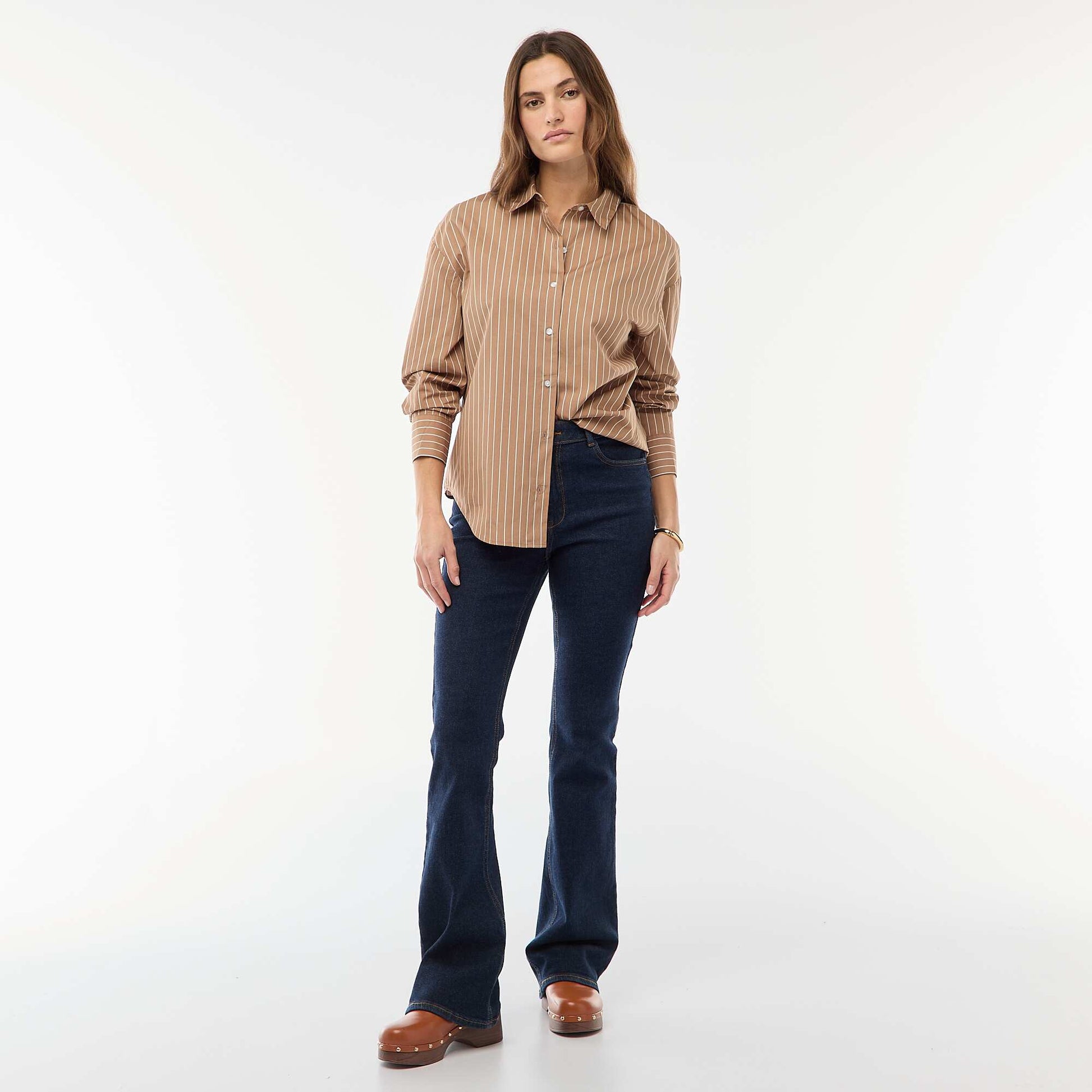Chemise en popeline à manches longues MARRON