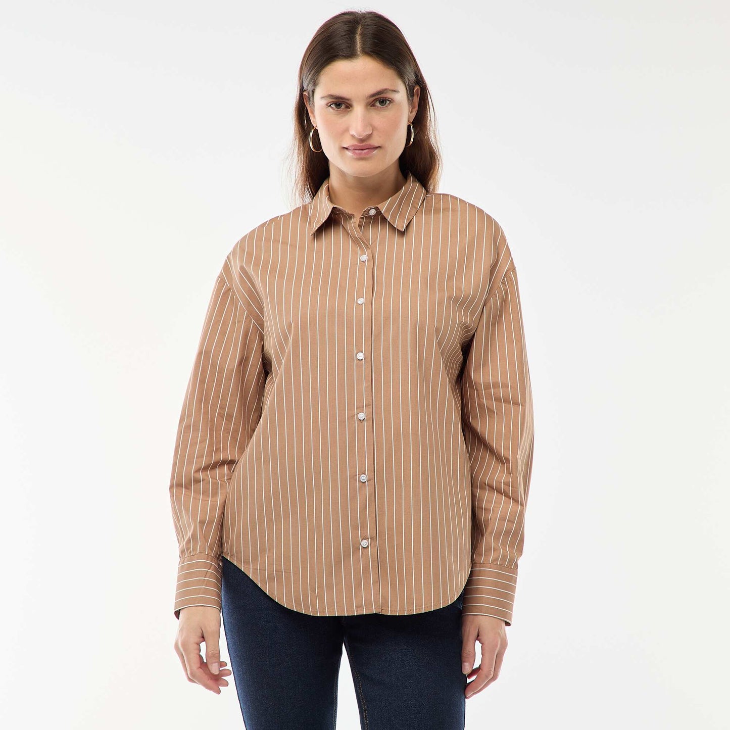 Chemise en popeline à manches longues MARRON