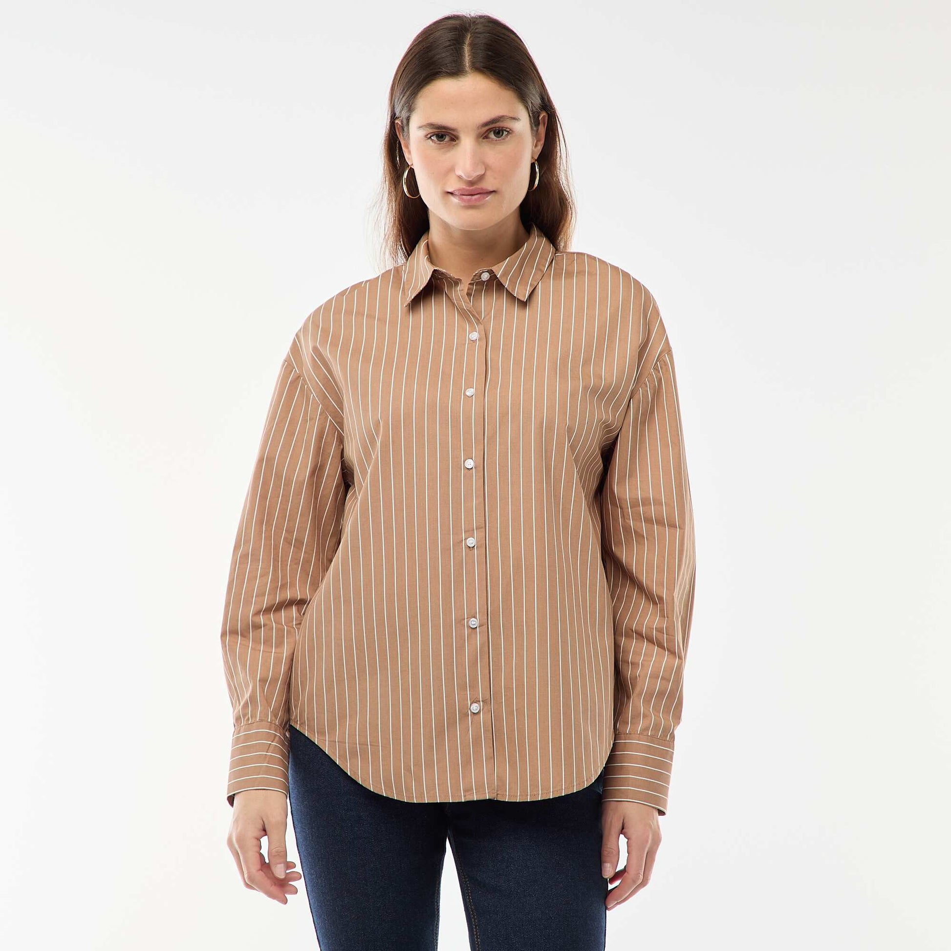 Chemise en popeline à manches longues MARRON