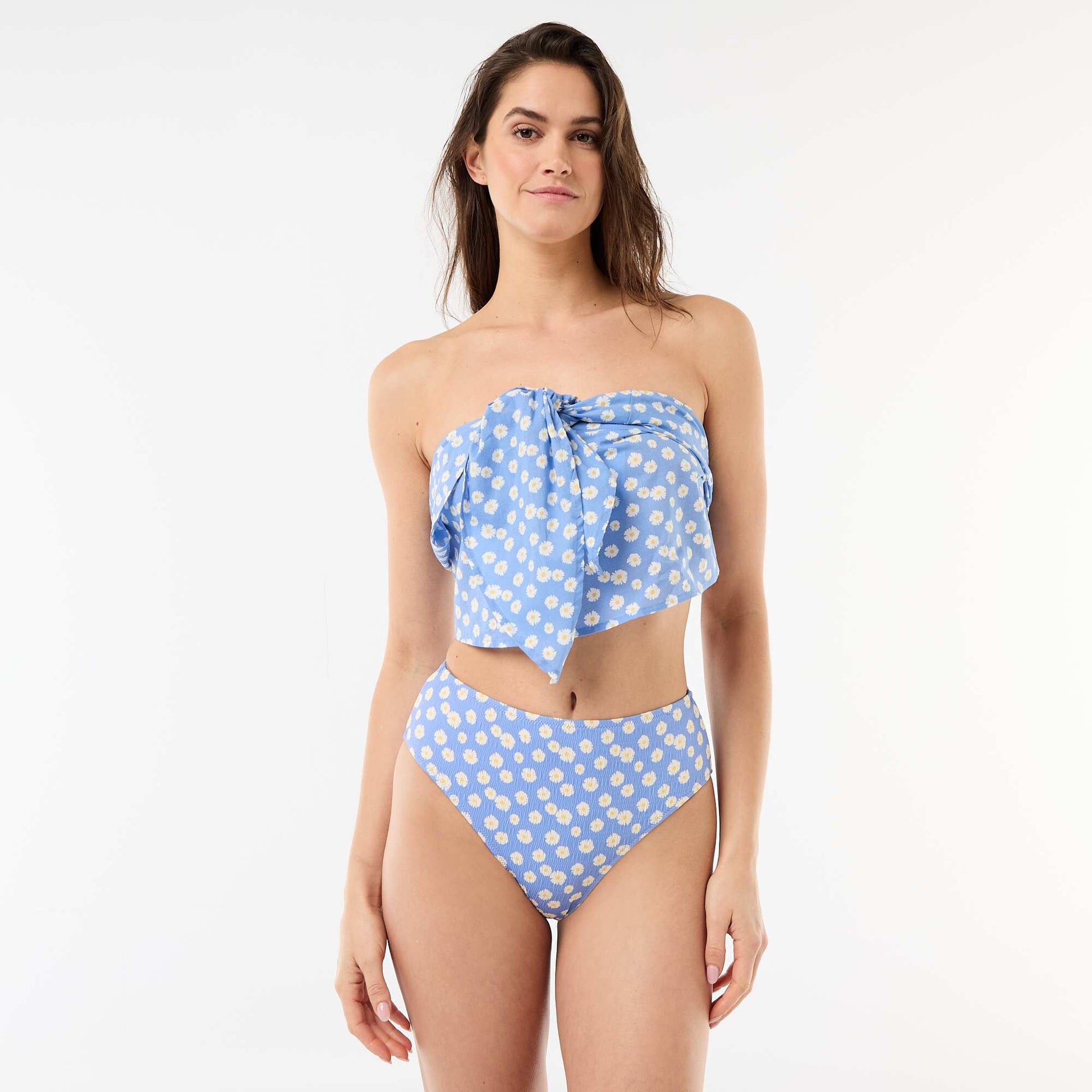 Culotte de bain imprimé fleuris taille haute BLEU