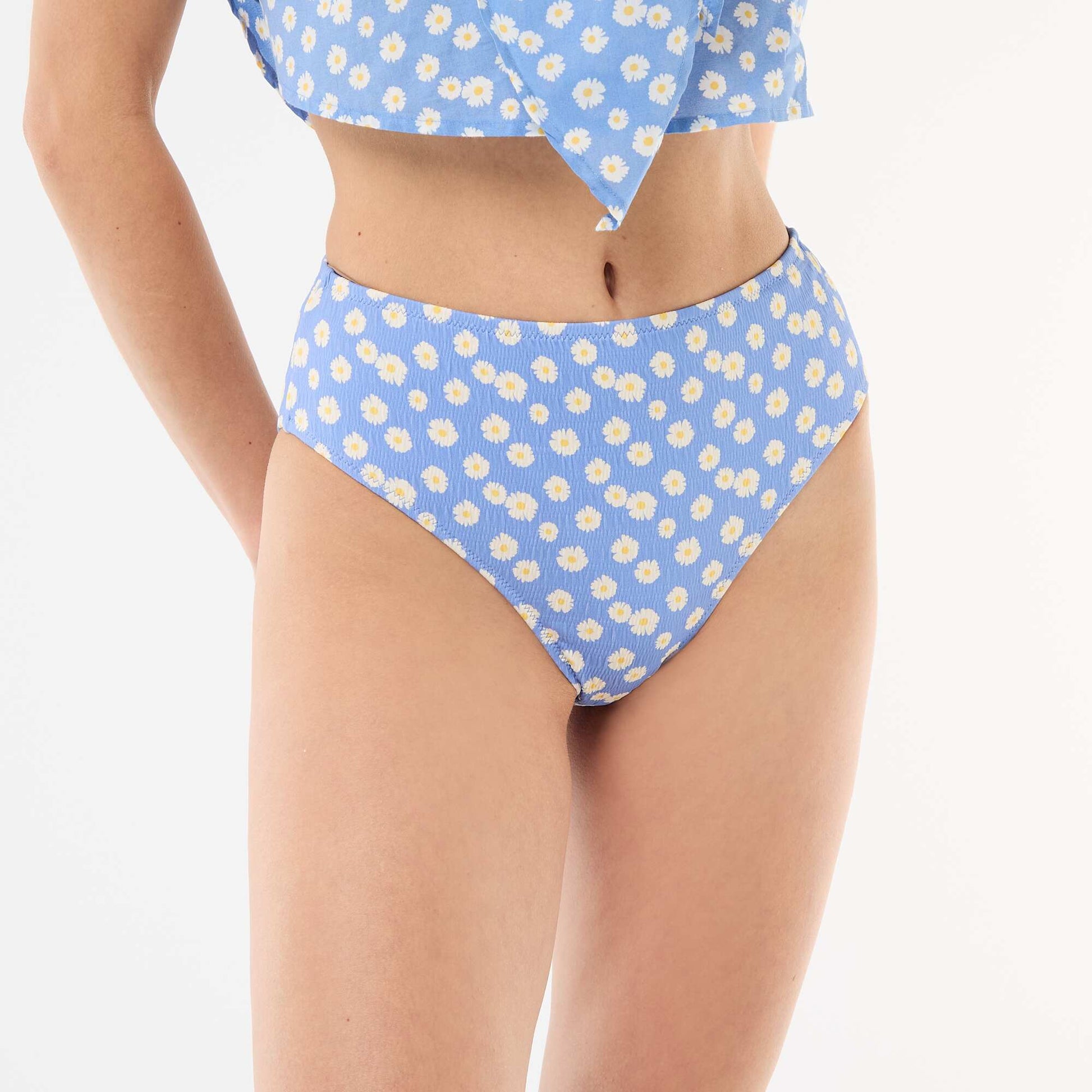 Culotte de bain imprimé fleuris taille haute BLEU
