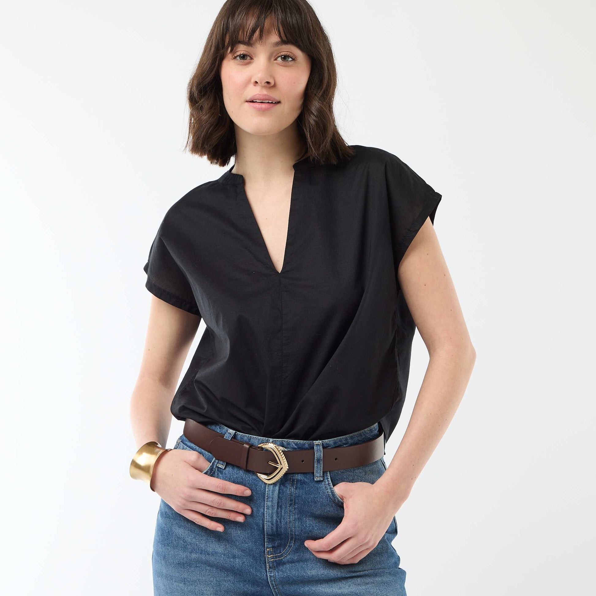 Blouse à manches courtes et col V NOIR