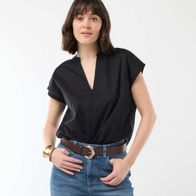 Blouse à manches courtes et col V NOIR
