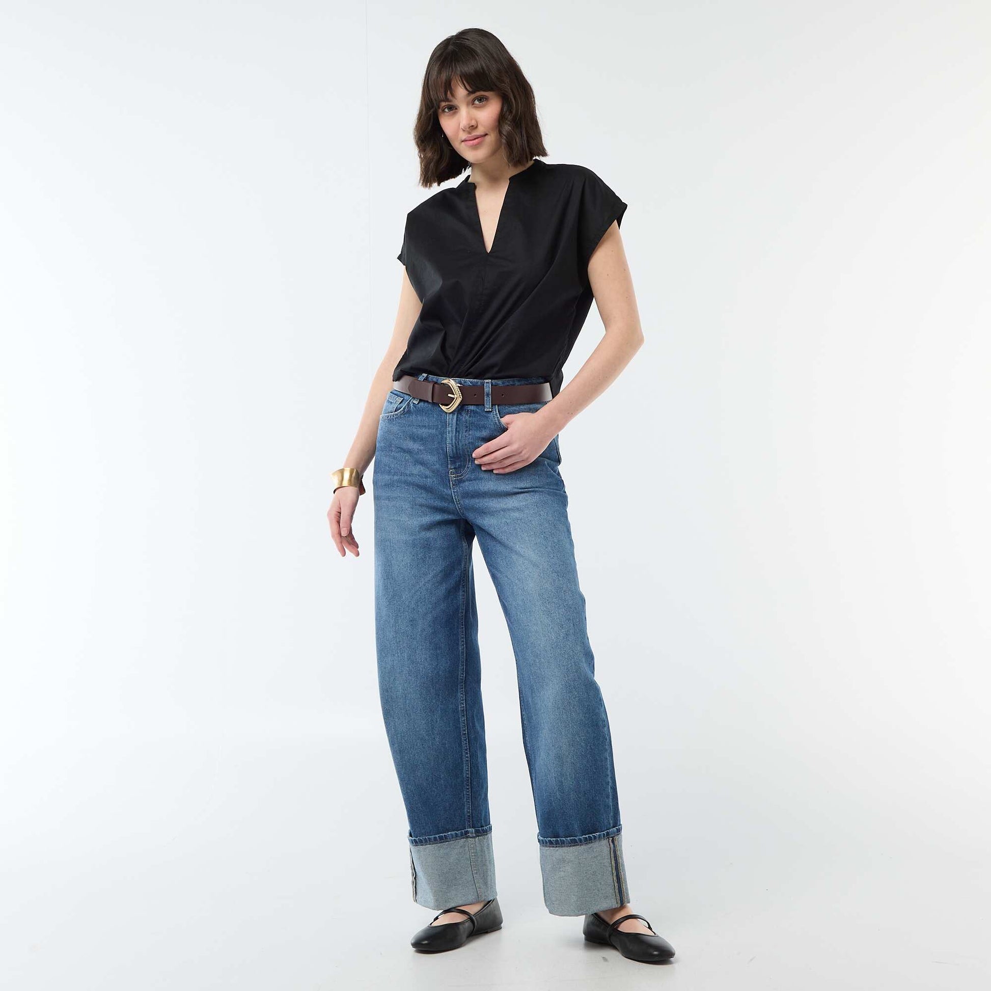 Blouse à manches courtes et col V NOIR