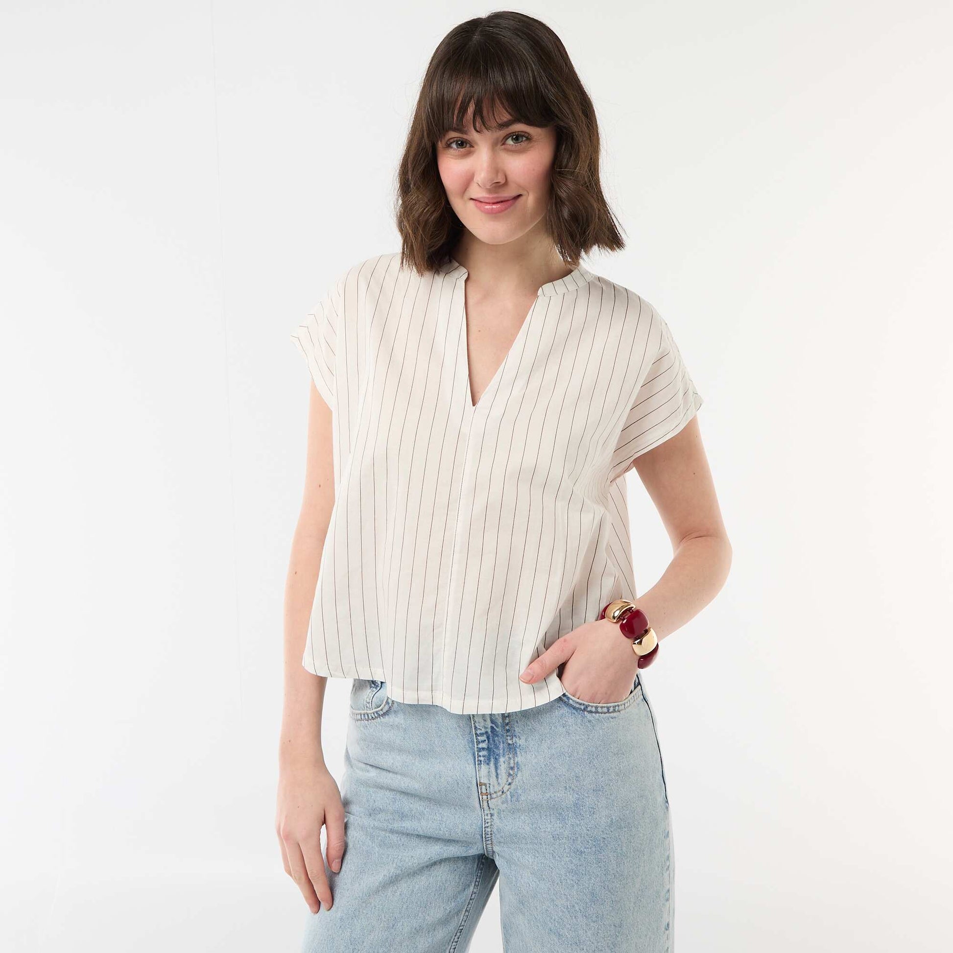 Blouse à manches courtes et col V BLANC
