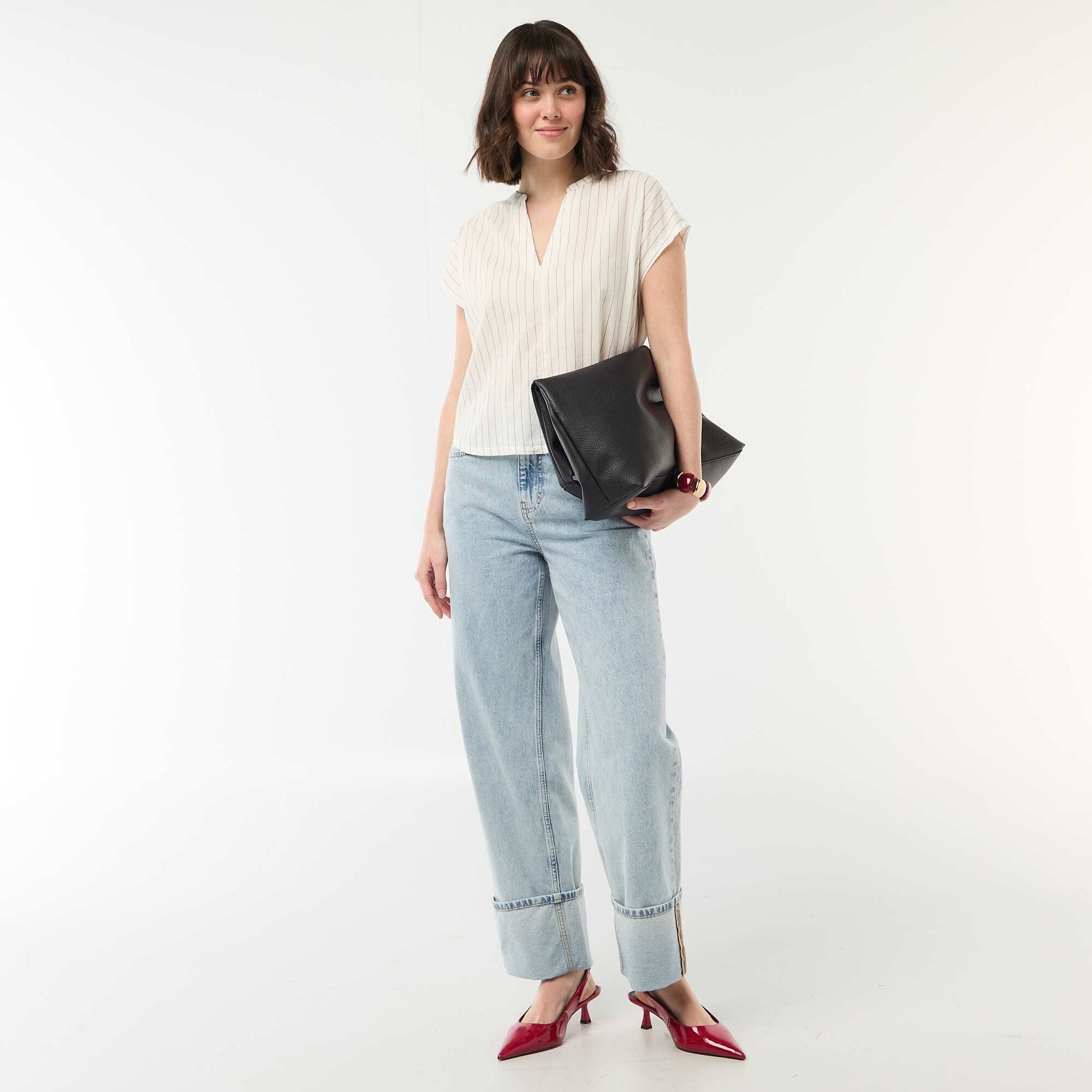 Blouse à manches courtes et col V BLANC