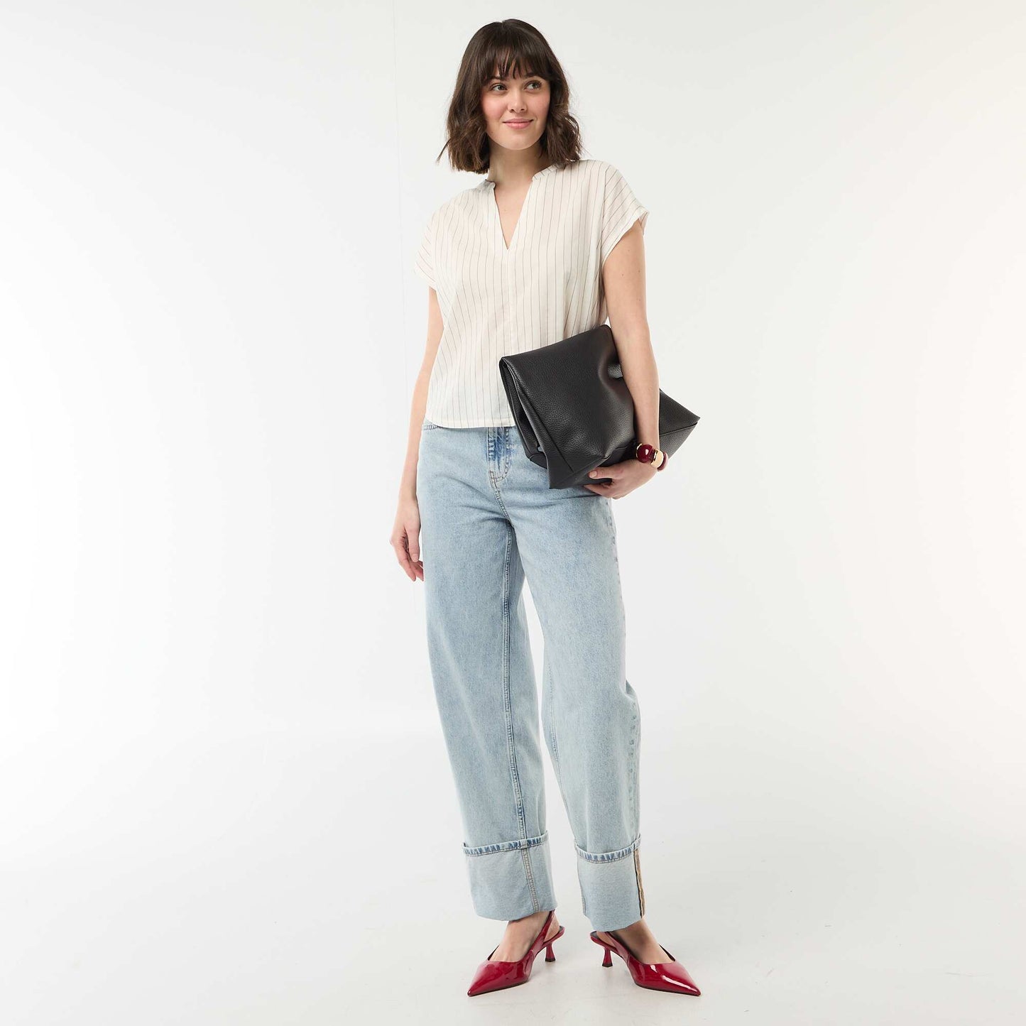 Blouse à manches courtes et col V BLANC