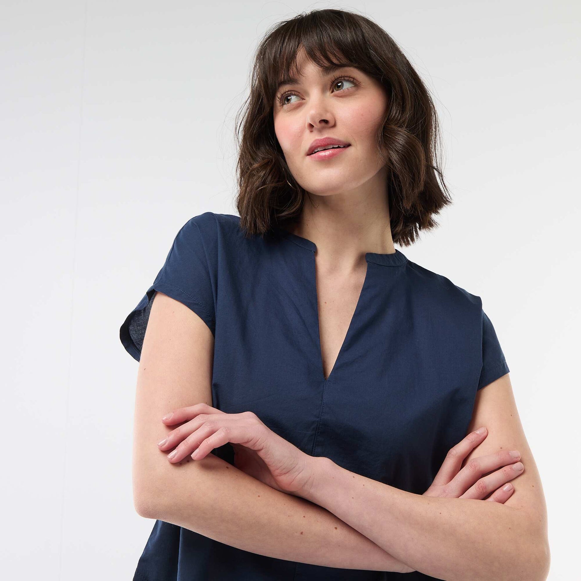 Blouse à manches courtes et col V BLEU