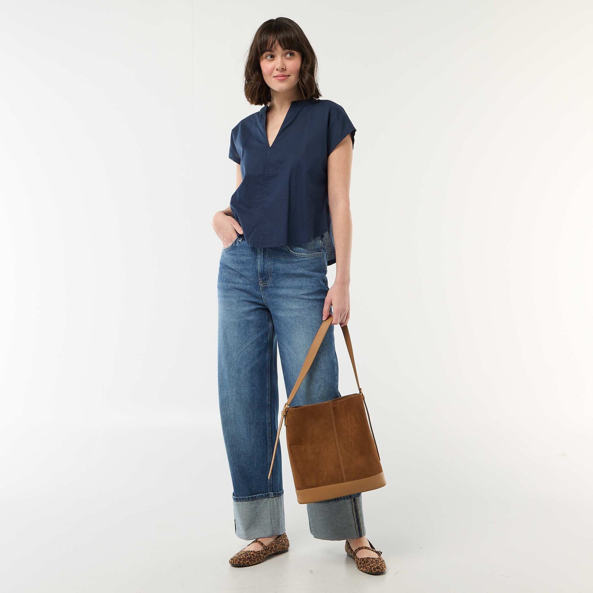 Blouse à manches courtes et col V BLEU