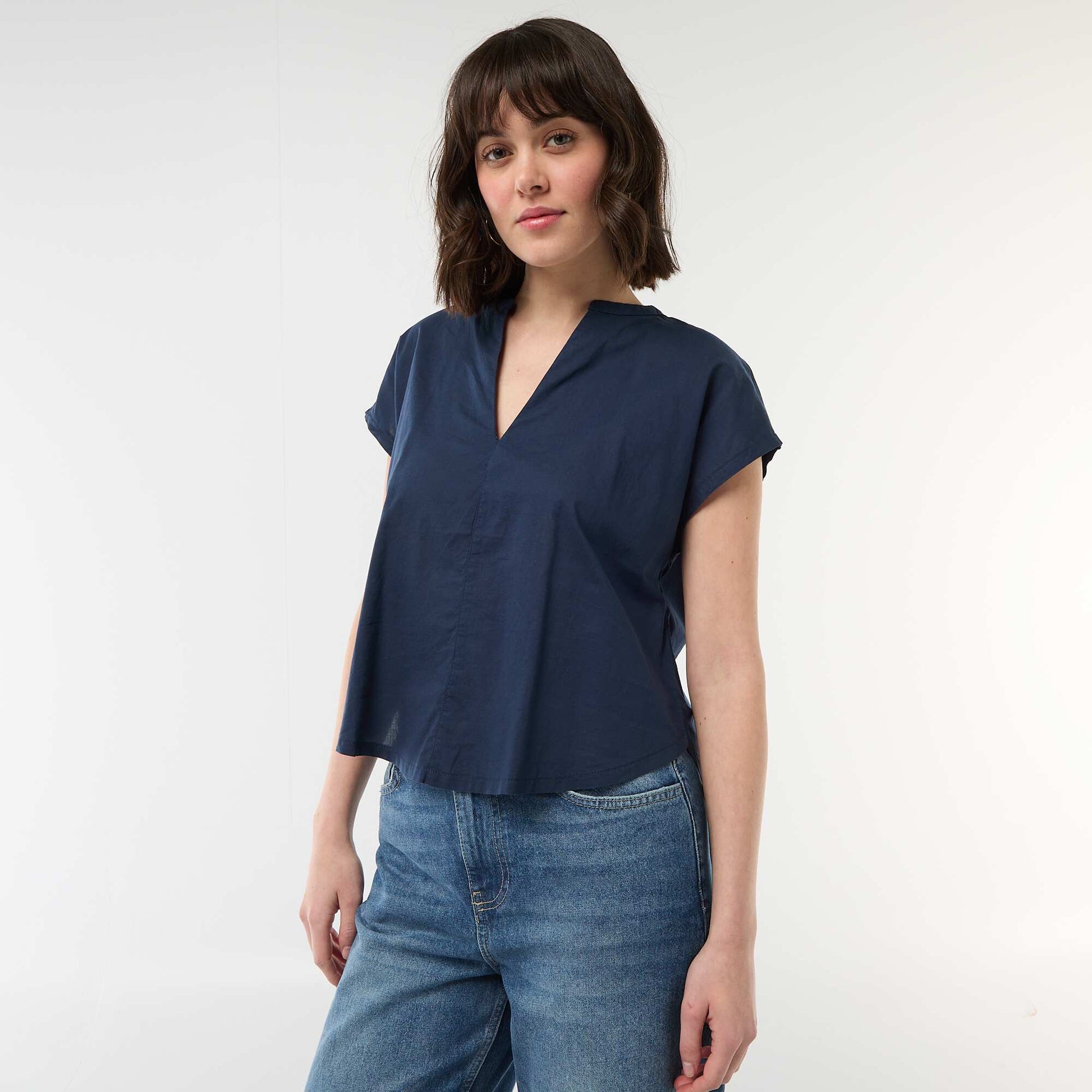 Blouse à manches courtes et col V BLEU