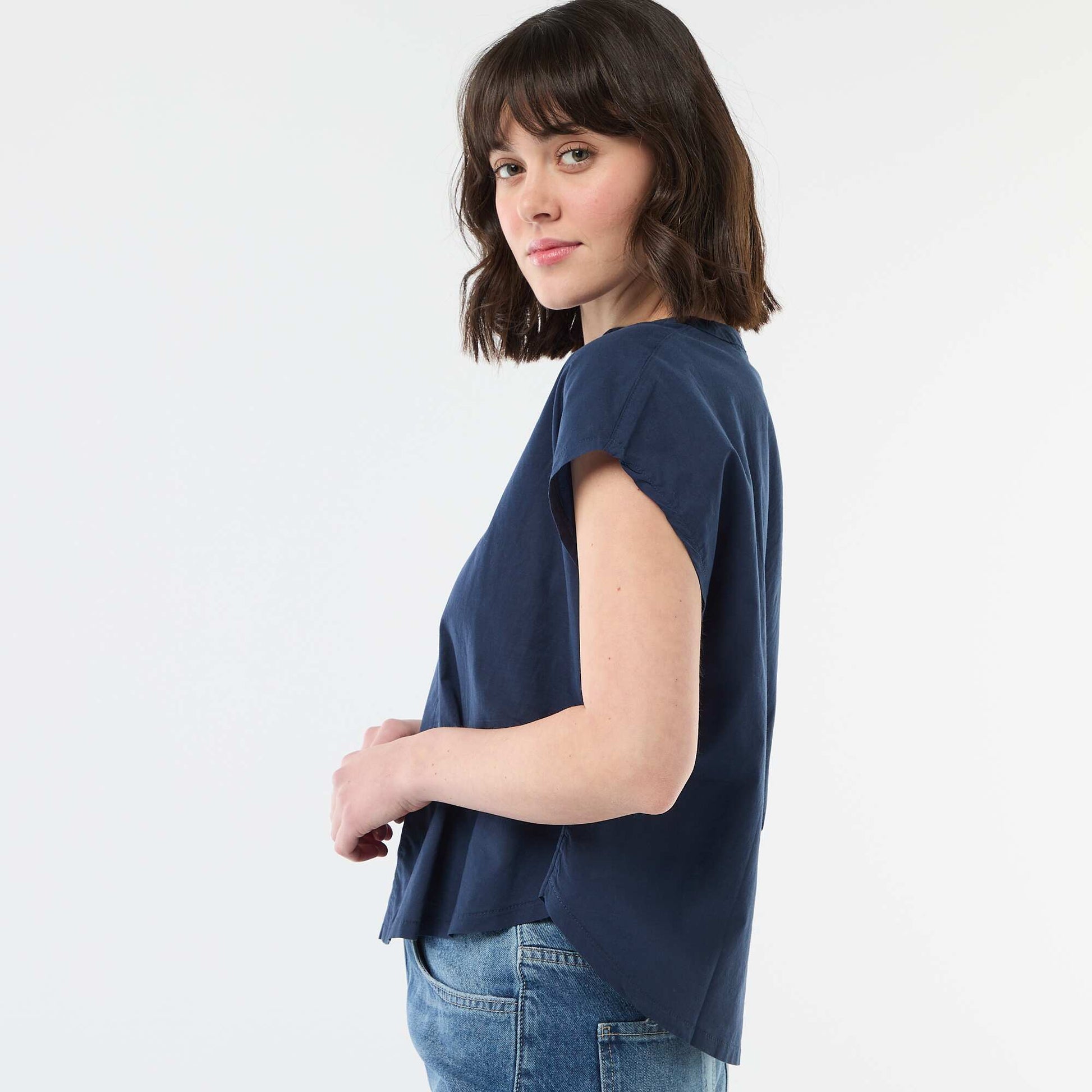 Blouse à manches courtes et col V BLEU