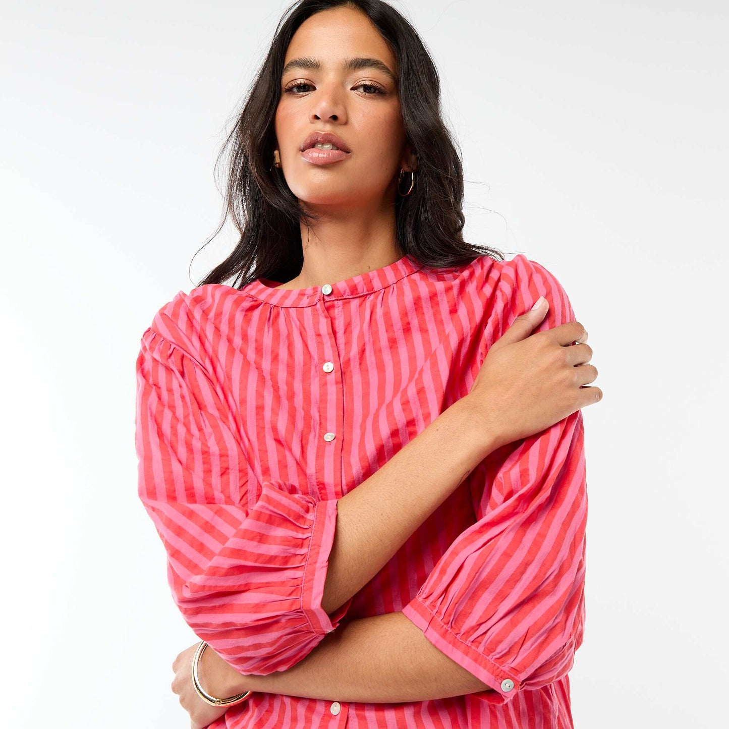 Chemise à col mao et manches 3/4 rayée ROUGE