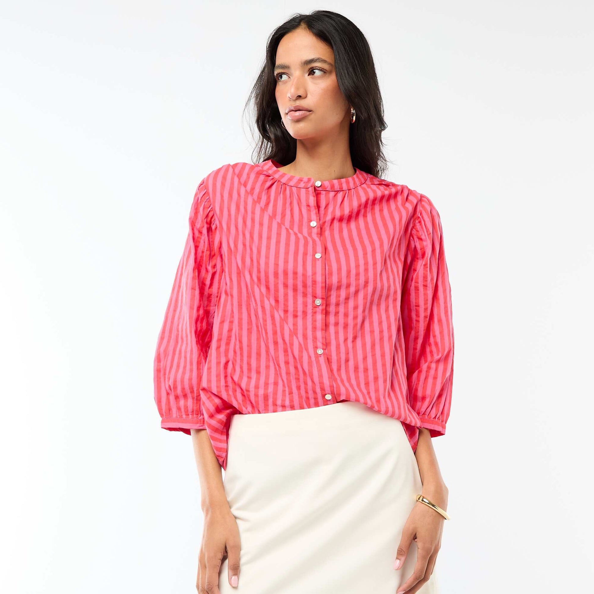 Chemise à col mao et manches 3/4 rayée ROUGE