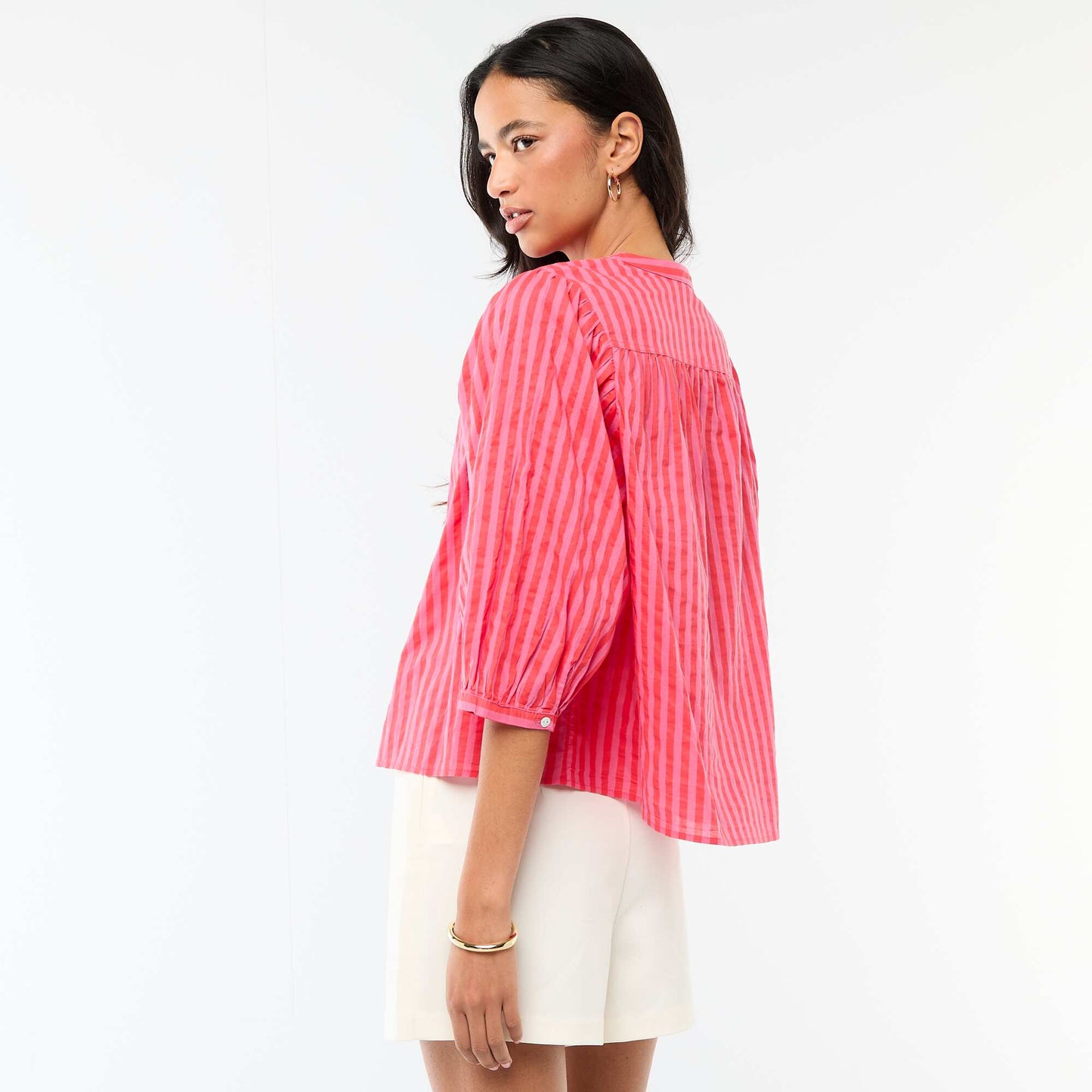 Chemise à col mao et manches 3/4 rayée ROUGE