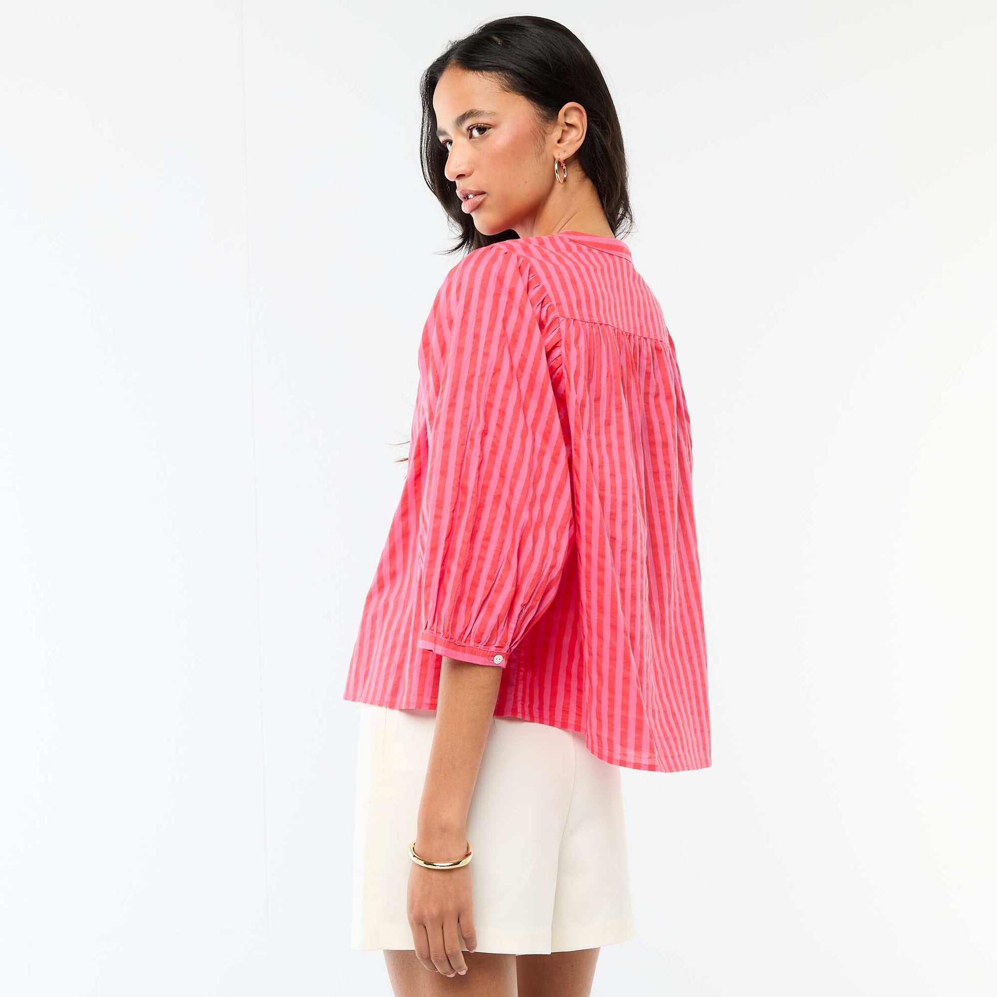Chemise à col mao et manches 3/4 rayée ROUGE