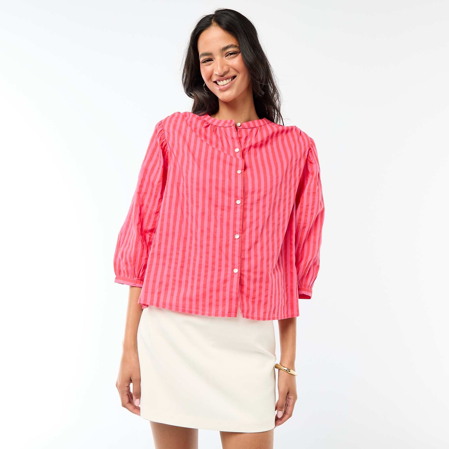 Chemise à col mao et manches 3/4 rayée ROUGE