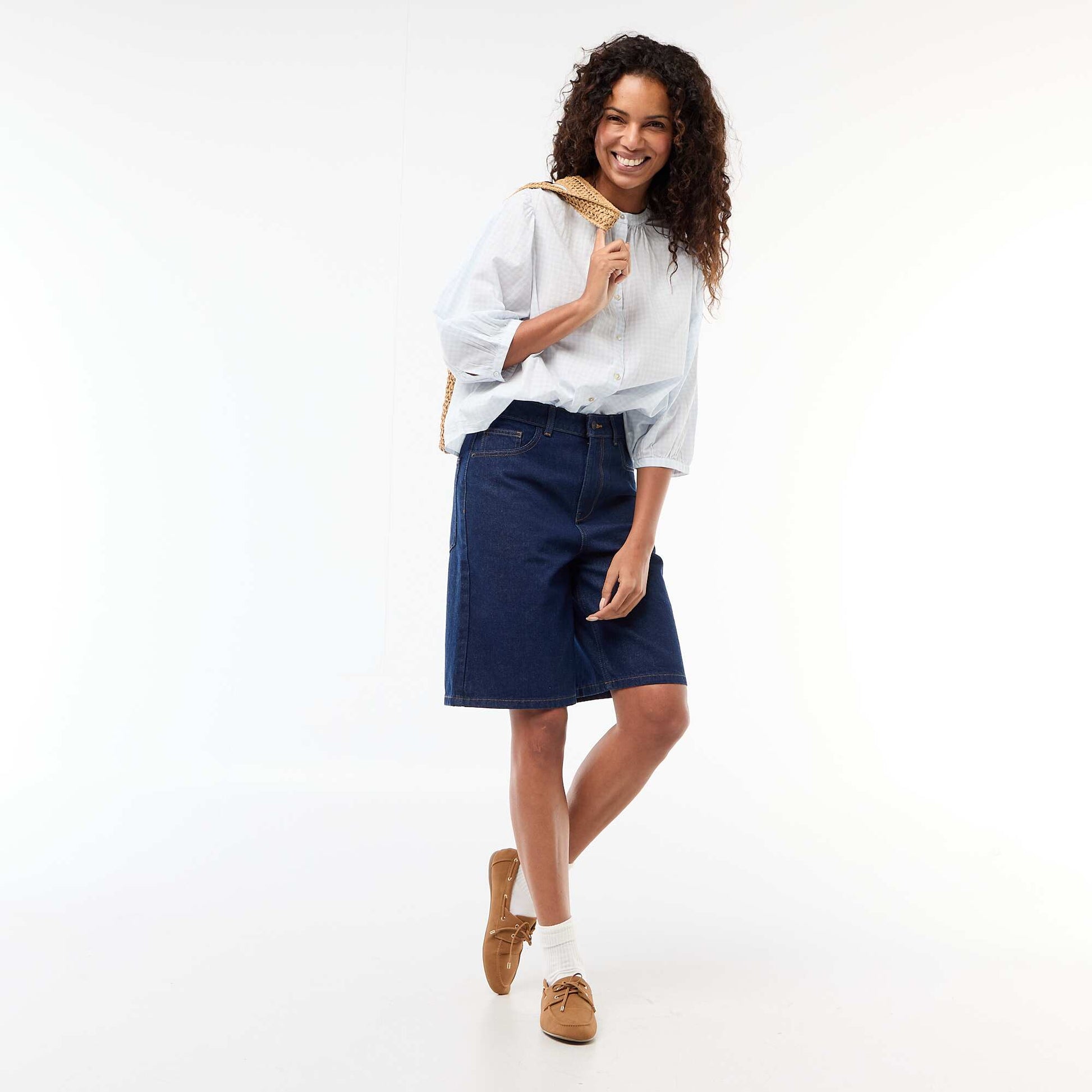Chemise à col mao et manches 3/4 BLEU