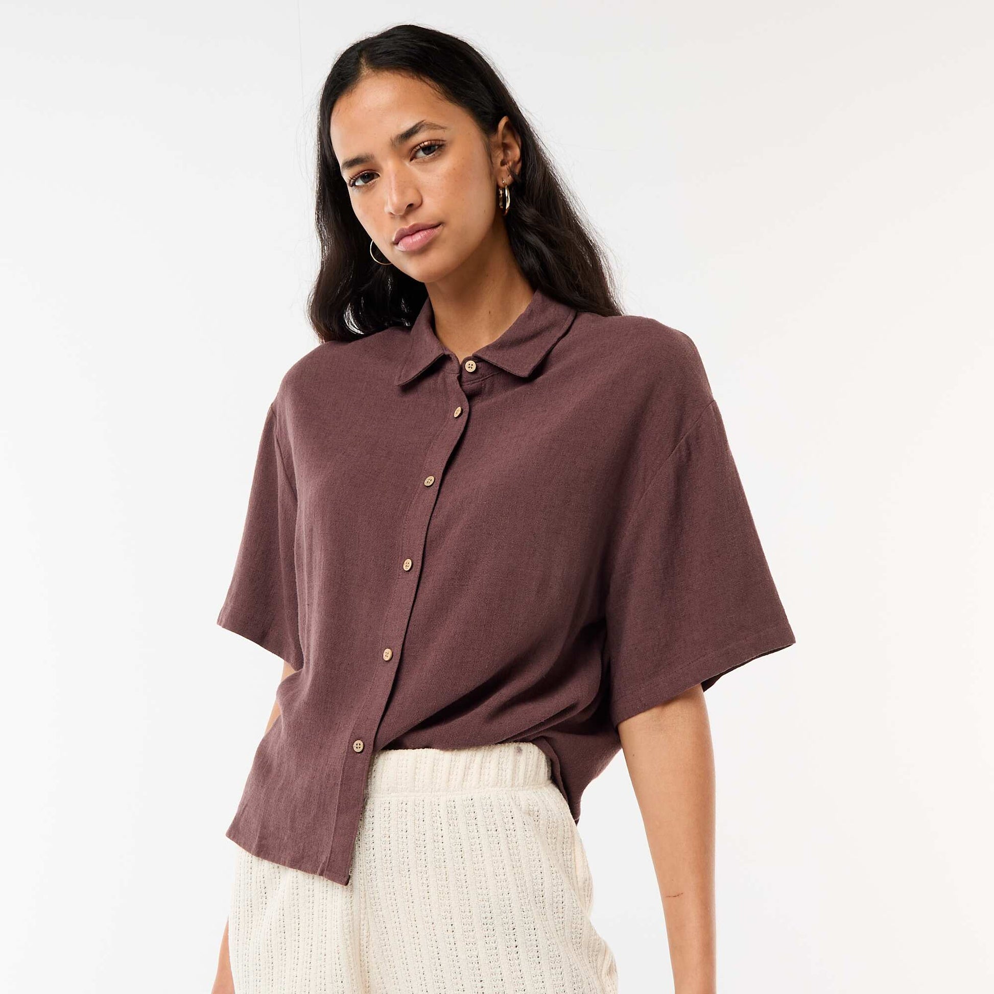 Chemise unie à manches courtes MARRON
