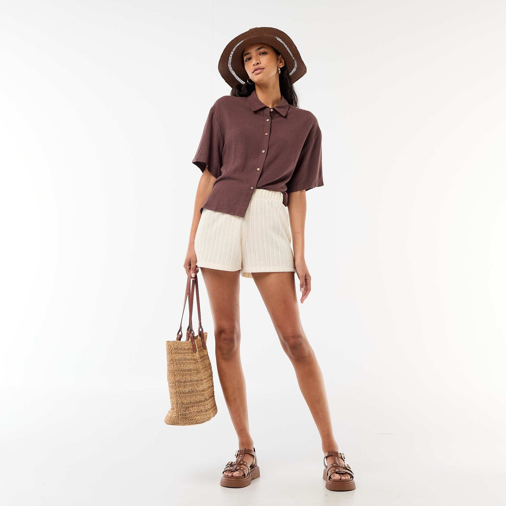 Chemise unie à manches courtes MARRON