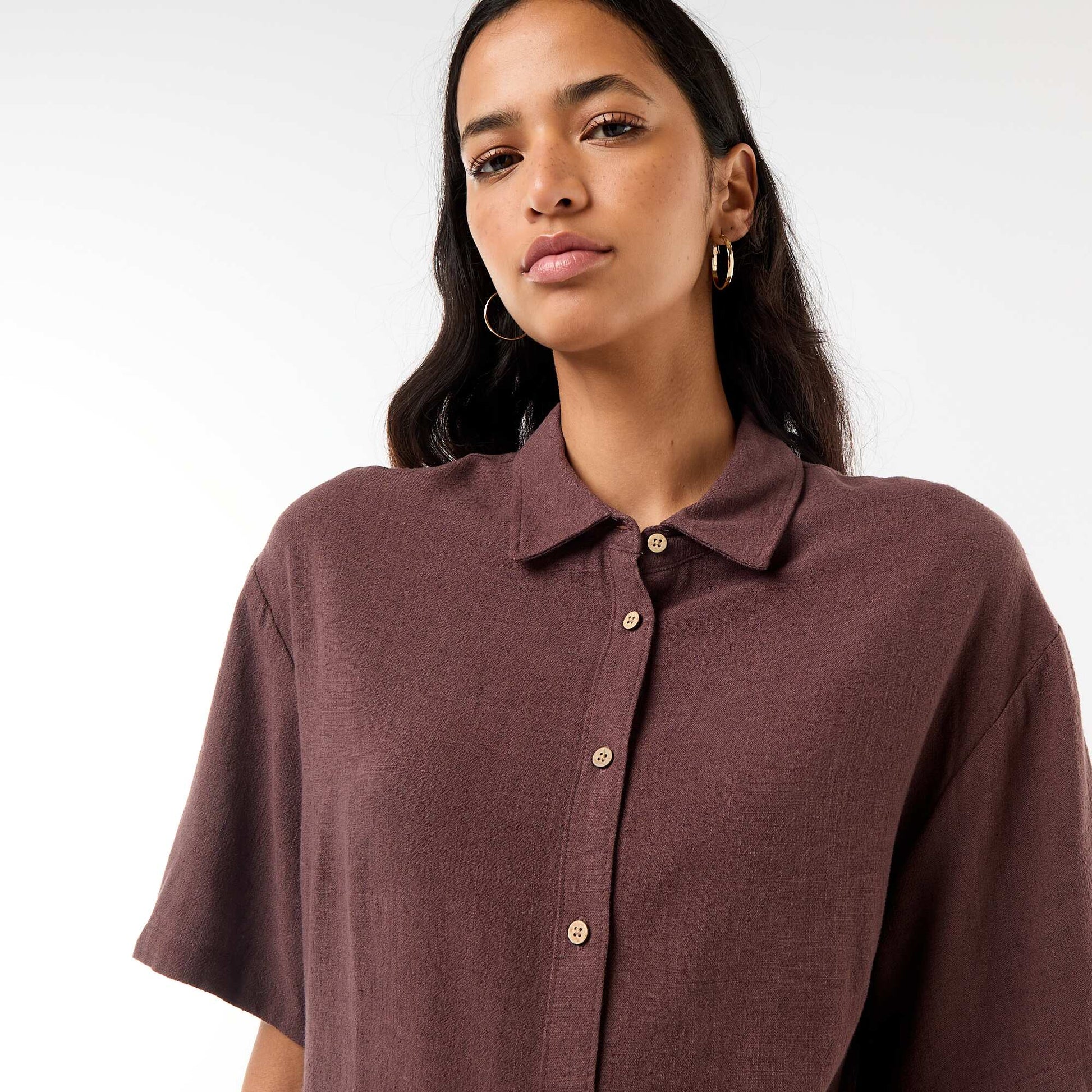 Chemise unie à manches courtes MARRON