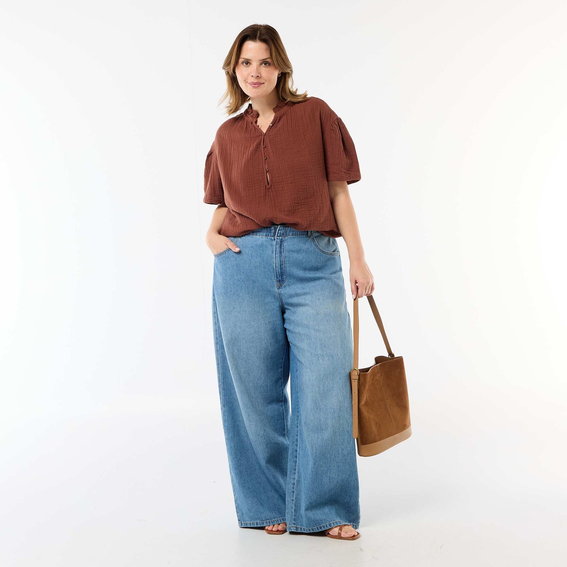 Blouse en gaze de coton avec col froncé MARRON