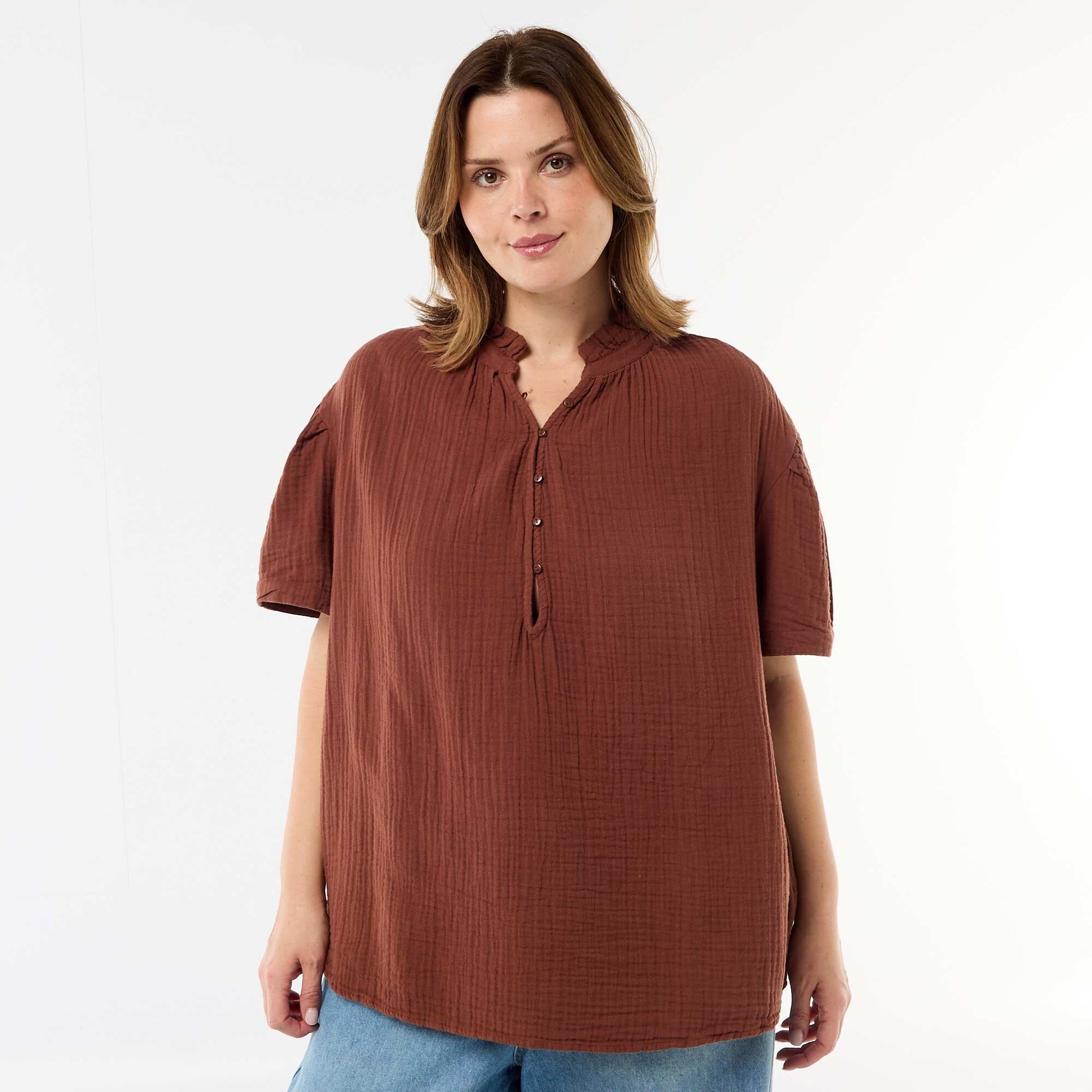 Blouse en gaze de coton avec col froncé MARRON