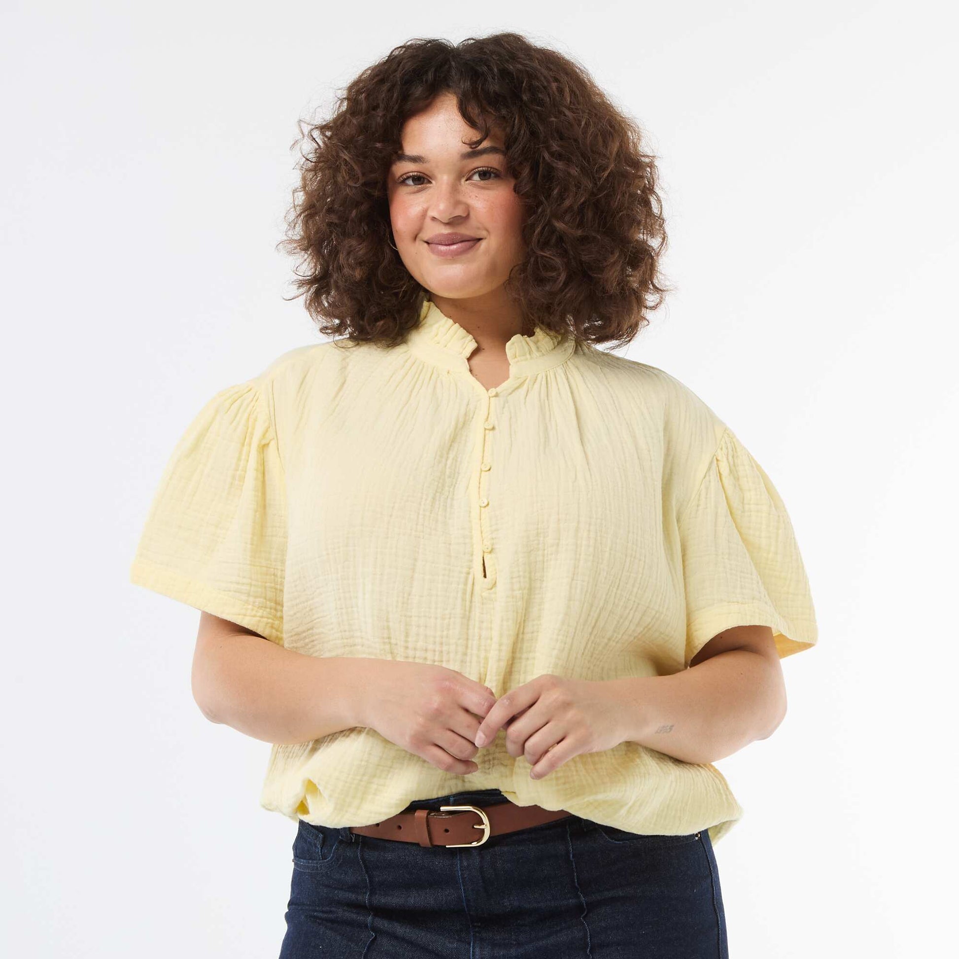 Blouse en gaze de coton avec col froncé JAUNE